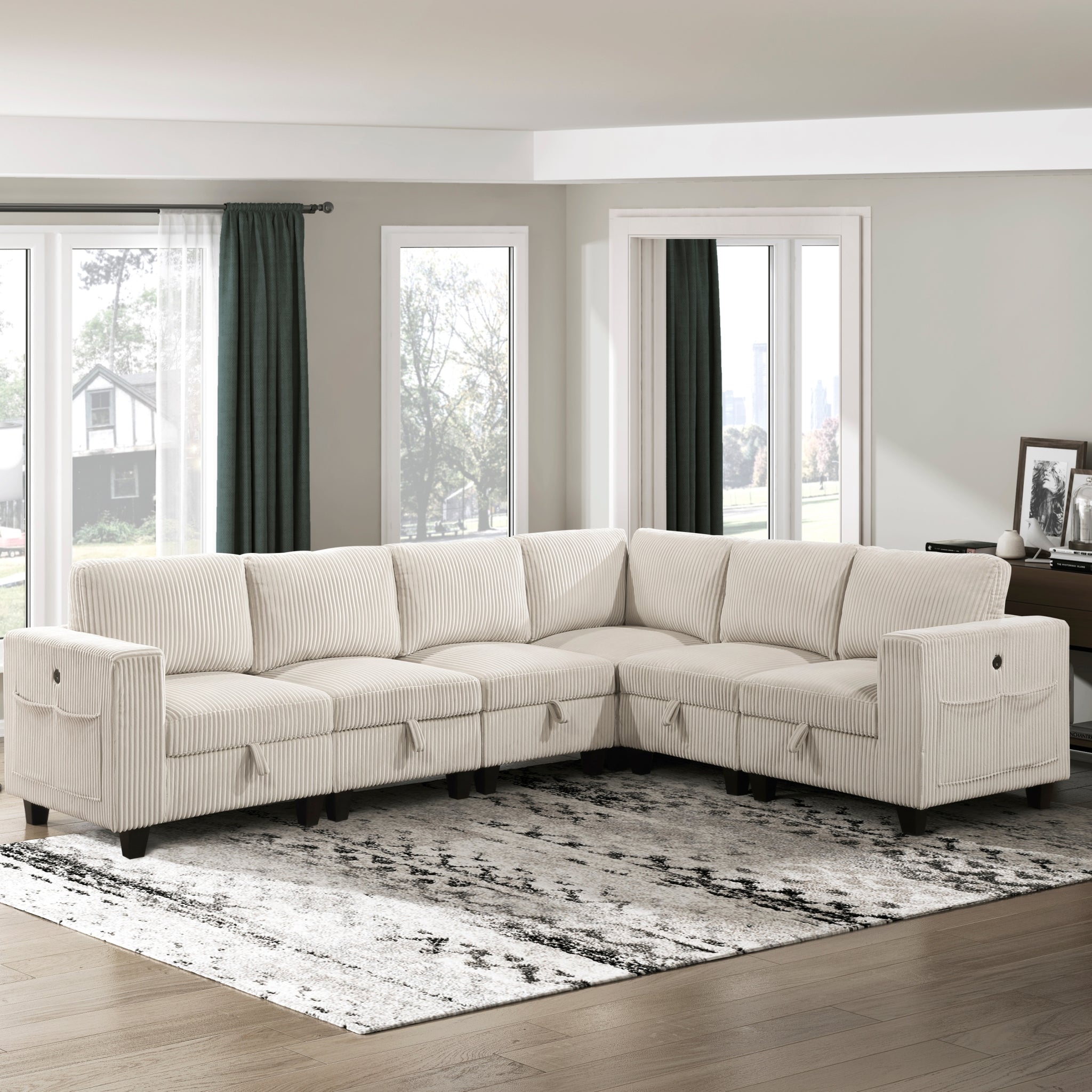 6 Piece Modular Sectional With Storage Seats, Side Pockets, Charging Ports Beige Corduroy Fabric Modern Living Room Sectional Couch Solid Wood Furniture Beige Polyester Wood Primary Living Space Modern Solid Wood 6 Seat