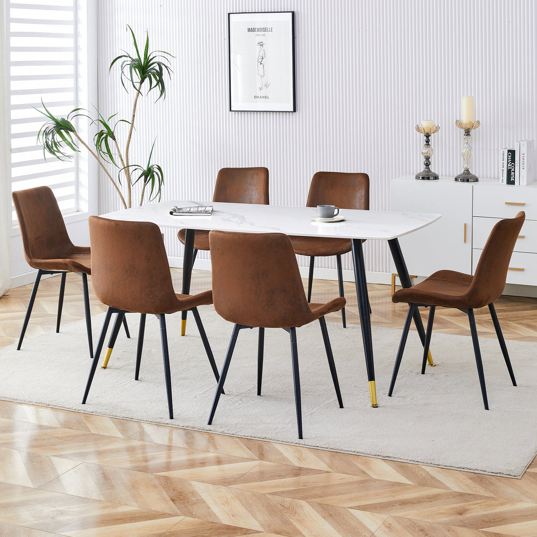 Table And Chair Set, White Imitation Marble Texture Rock Board Table Top, Black Metal Table Legs, Stable And Beautiful. Modern Simple Dining Table, Comfortable Seating. Brown White Seats 6 Metal