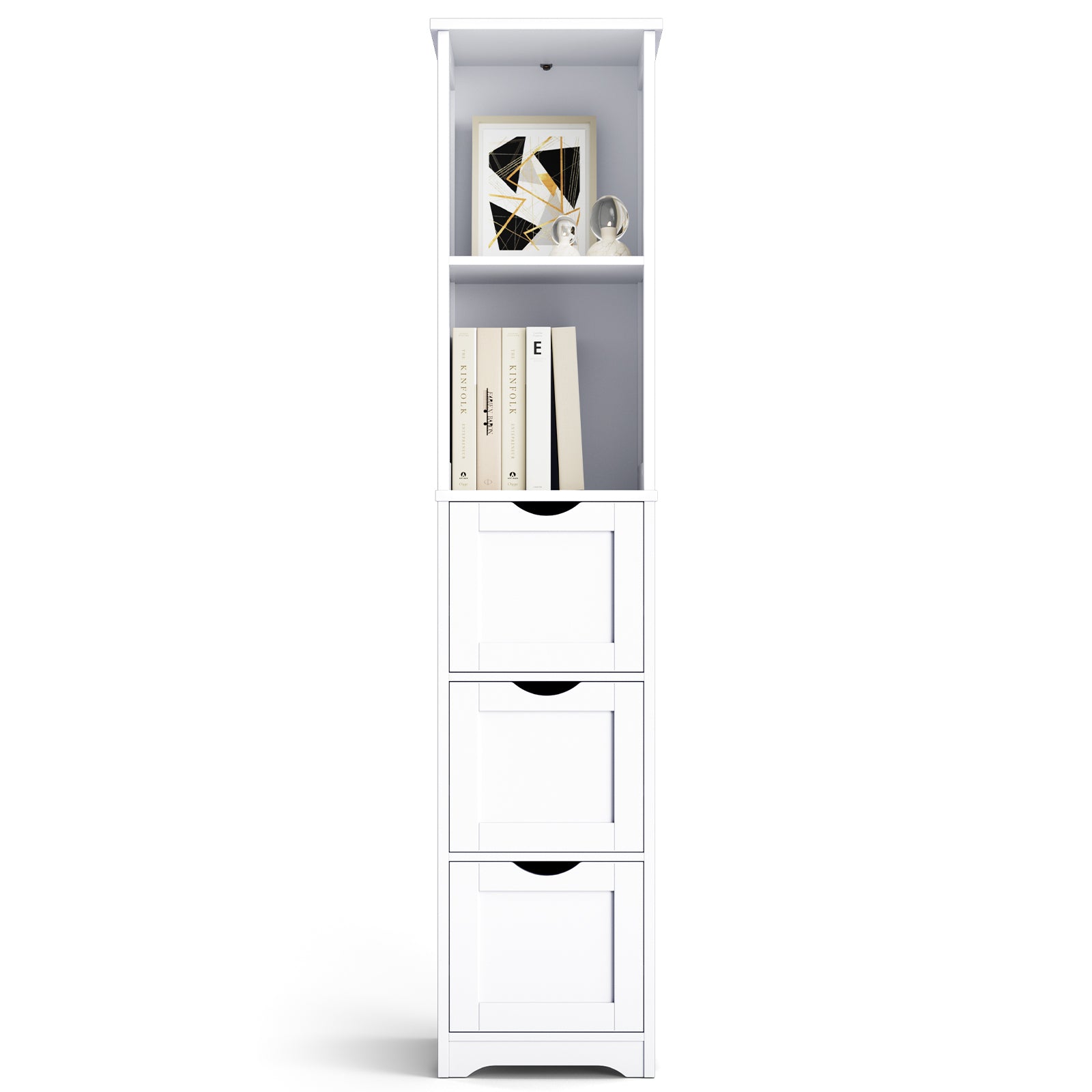 Bathroom Tall Storage Cabinet, Slim Free Standing Cabinet With 3 Drawers And 2 Shelves,Floor Cabinet For Small Space, 11.8" D X 12.6" W X 57.5" H, White Ameican White Oak Rubber Wood