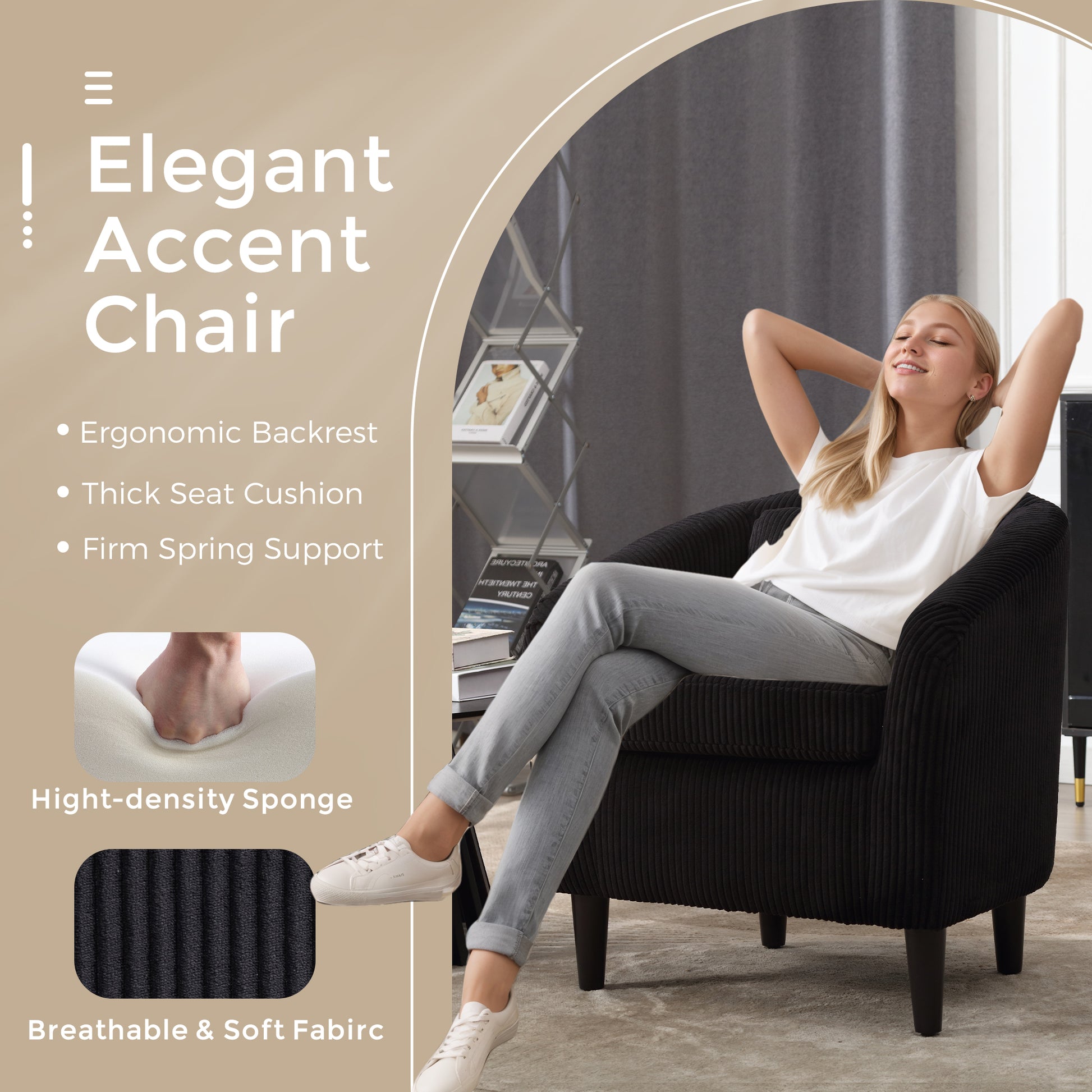 Coolmore Living Room Accent Barrel Chair, Century Modern Style Decorative Chair, Armchair For Living Room With Thick Cushions And Pillows, Comfy Single Sofa Chair, Chair With Wooden Legs,Black Black Corduroy