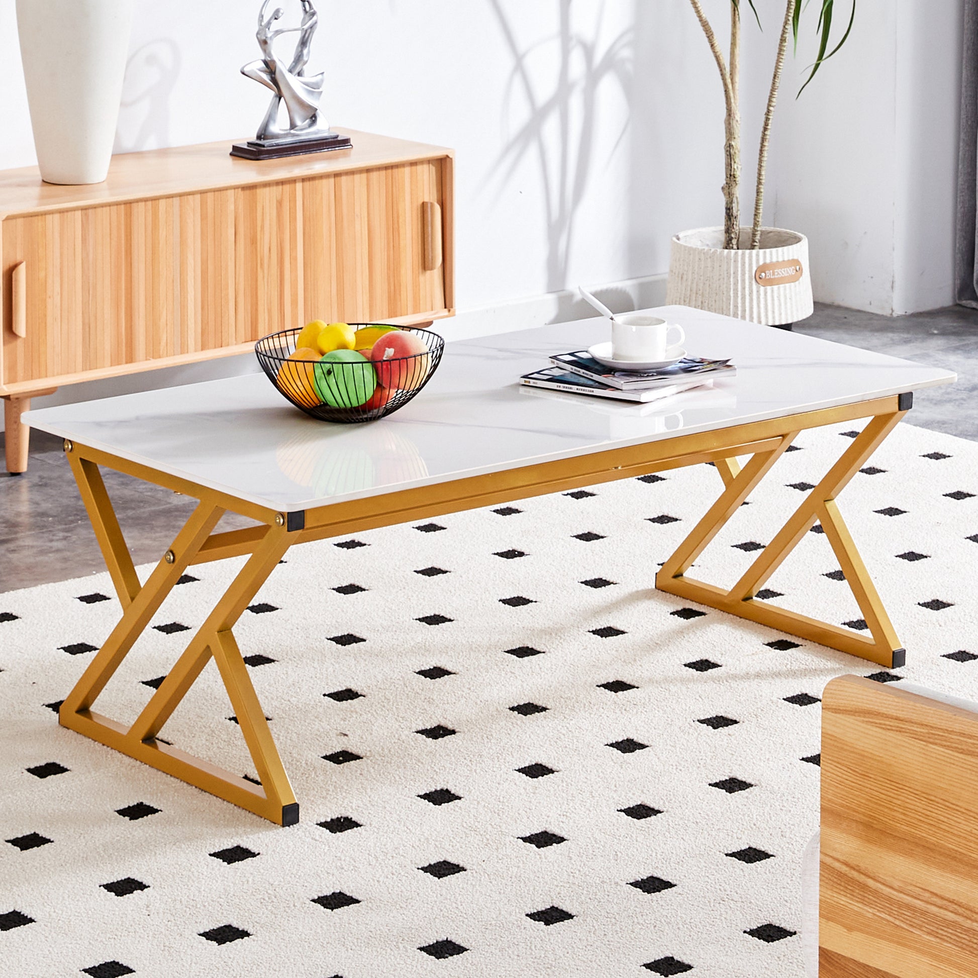 0.4Inch Thick White Marble Patterned Rock Table, Easy To Clean, Paired With Golden Metal Legs, Sturdy And Durable. Large Size Can Meet Various Needs.Can Be Used As A Dining Table, Coffee Table.47*23.6 White Sintered Stone