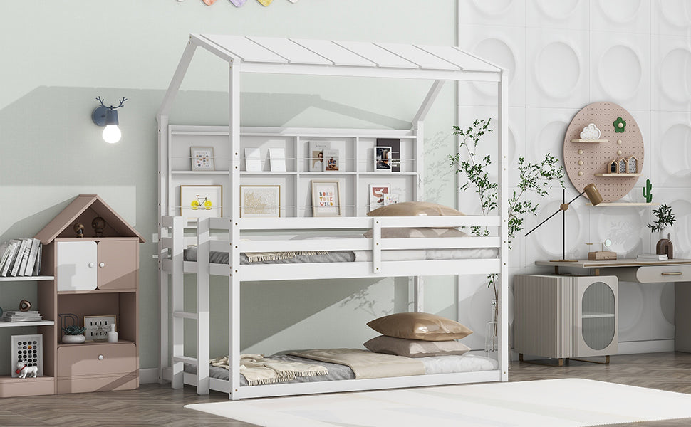 Twin House Loft Bed With Guardrails, Semi Enclosed Roof, Bedside Shelves And Ladder, White Twin White Bedroom American Design Pine Pine