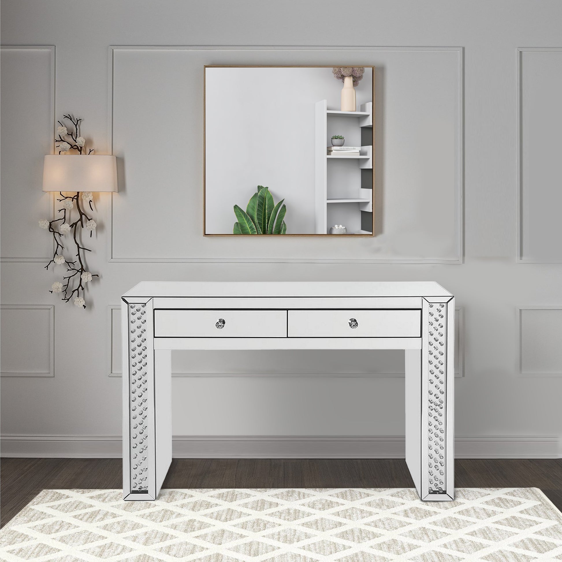 Mirror Accented Two Drawers Wooden Vanity Desk With Faux Crystal Inlay, Silver Silver Engineered Wood