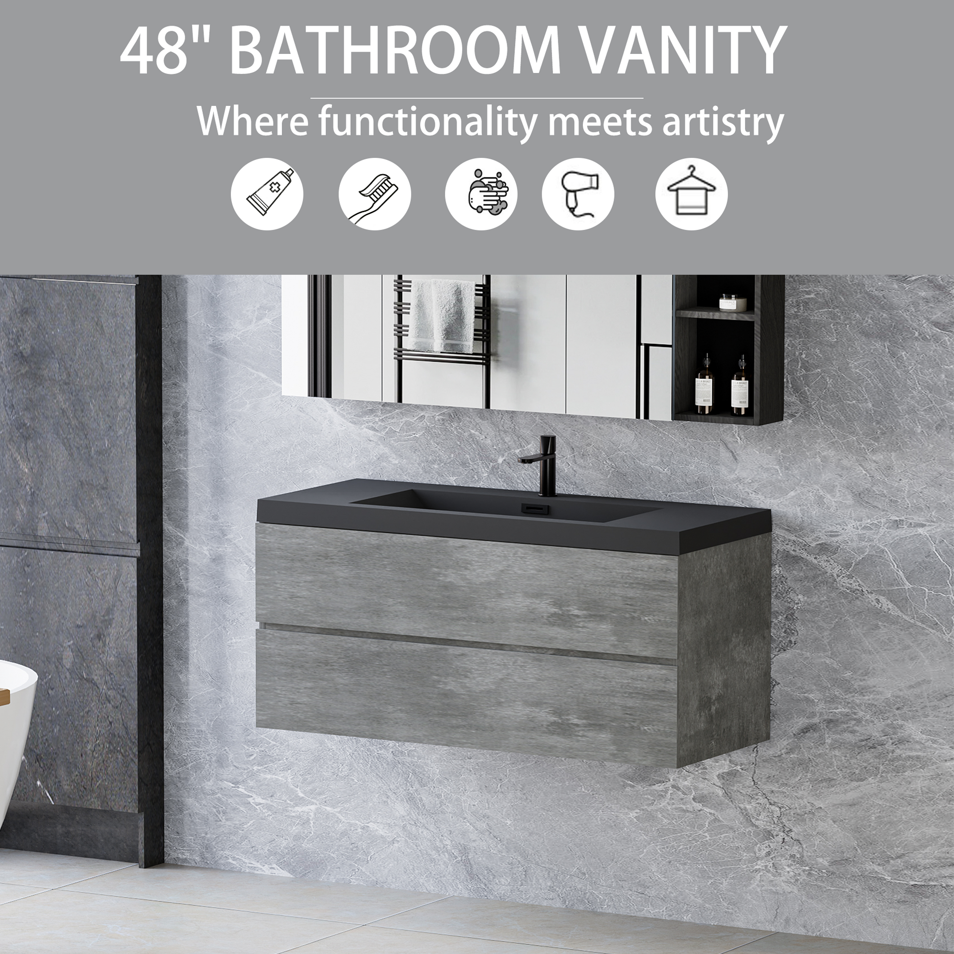 48" Floating Bathroom Vanity With Sink, Modern Wall Mounted Bathroom Storage Vanity Cabinet With Black Quartz Sand Top Basin And Soft Close Drawers, 24V12 48Gr Grey 2 Grey Plywood