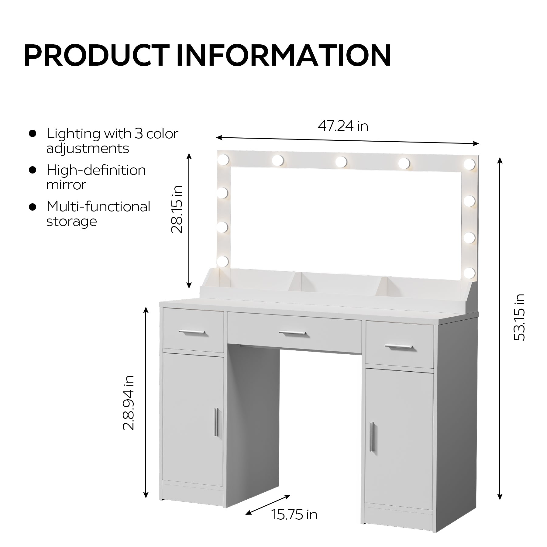 47.2"Vanity Desk With Large Mirror, 3 Colour Lighting Modes, Adjustable Brightness, Dresser With 3 Drawers & 2 Vertical Cabinets, Makeup Vanity Table For Women & Girls White White Particle Board