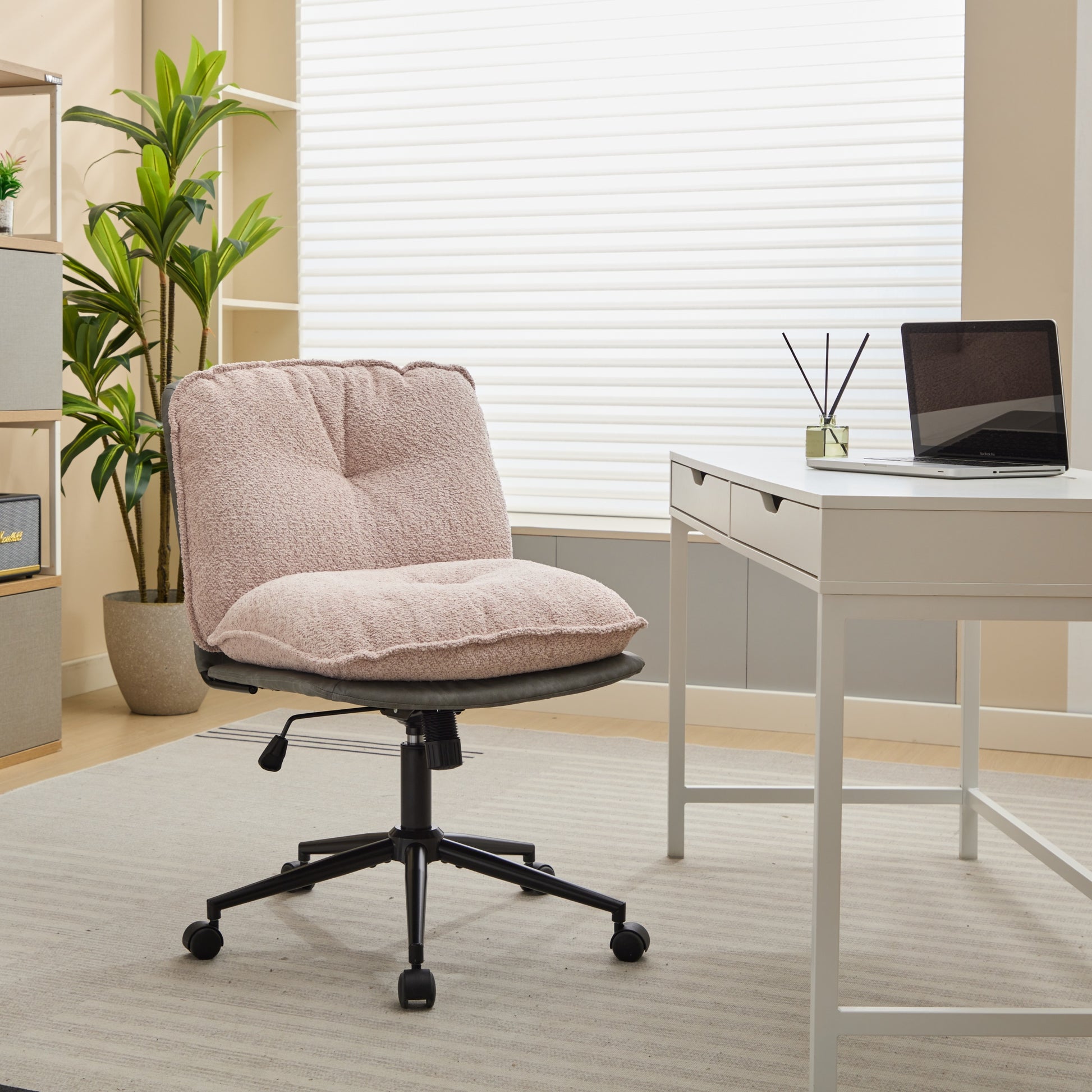 Oversize Seat Cirss Cross Chair With Wheels, Elegant Design Computer Chair, Adjustable Height 360 Rolling Swivel Home Office Chair For Small Space, Dressing Room, Living Room Gray Pink Pink Grey Primary Living Space Casual Foam Pu Leather