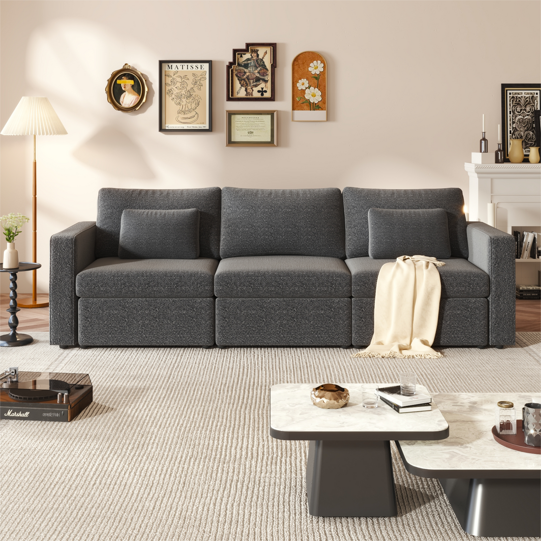 Modern Cotton Linen Modular Sectional Sofa, Convertible Sofa Set With Pillows, Oversized Sectional Couches For Living Room, Loft, Apartment, Office Dark Gray 3 Seats Wood Primary Living Space Medium Duty Pine 3 Seat Dark Gray Linen Medium Soft Cushion