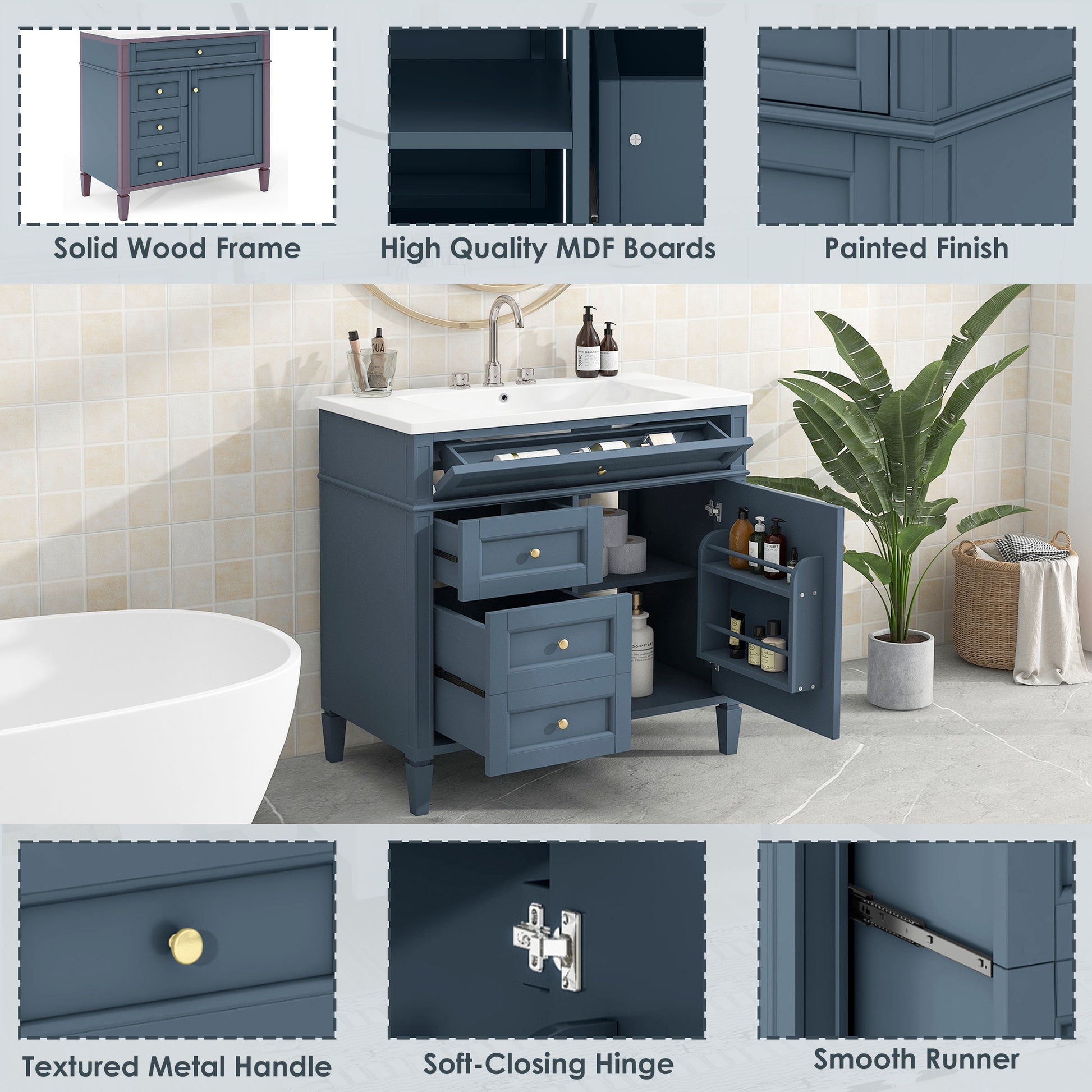 36'' Bathroom Vanity With Top Sink, Modern Bathroom Storage Cabinet With 2 Drawers And A Tip Out Drawer, Single Sink Bathroom Vanity 3 Blue 1 1 Adjustable Shelves Bathroom Freestanding Modern Solid Wood Mdf Resin Painted