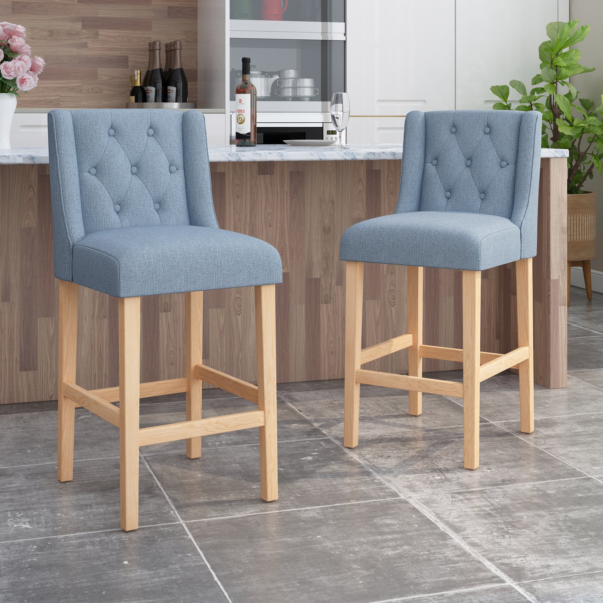 Vienna Contemporary Fabric Tufted Wingback 31 Inch Counter Stools, Set Of 2, Light Blue And Natural Light Blue Fabric