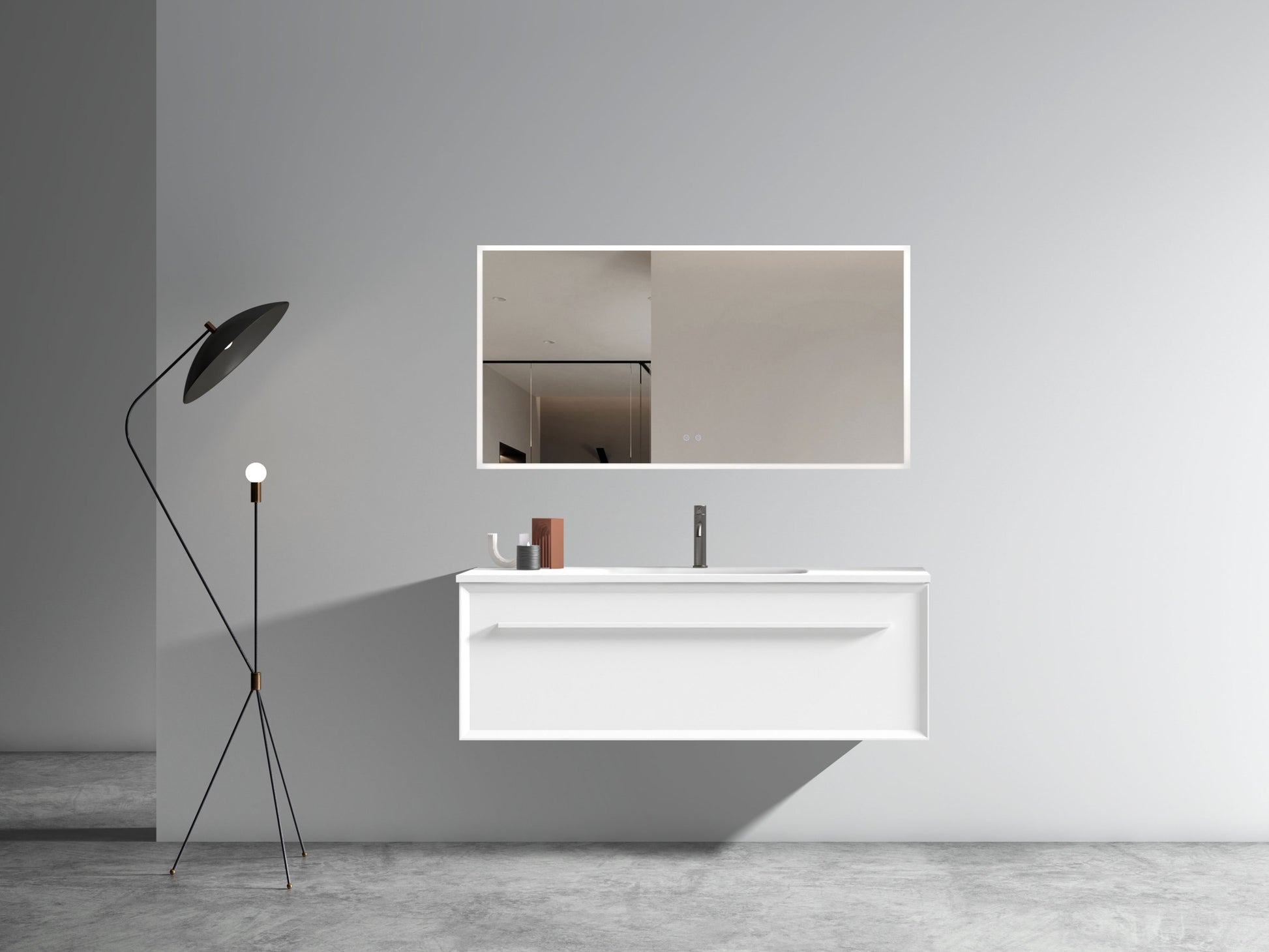 U051 Nevia48W 206 Nevia 48" Matt Snow White Bathroom Vanity With White Solid Surface Sink, Wall Mounted Floating Bathroom Vanity For Modern Bathroom, One Piece White Basin Without Drain, Pre Assembled White Bathroom Modern Plywood