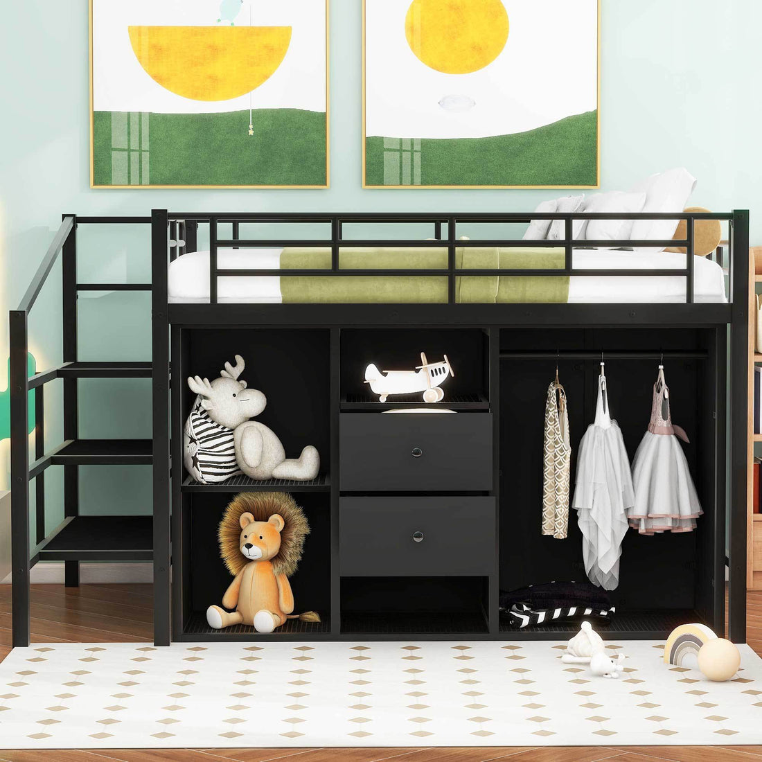 Full Size Metal Loft Bed With Drawers, Storage Staircase And Small Wardrobe Full Black Mdf Metal