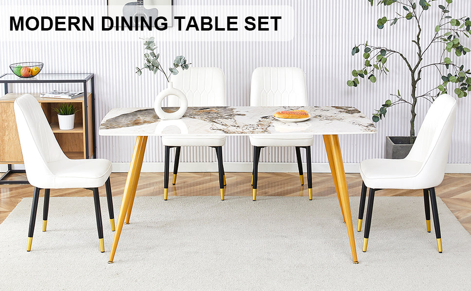 Table And Chair Set.Modern Minimalist Dining Table. White Imitation Marble Pattern Sintered Stone Desktop With Golden Metal Legs.Paried With 4 Comfortable Chairs With Pu Seats And Black Metal Legs.