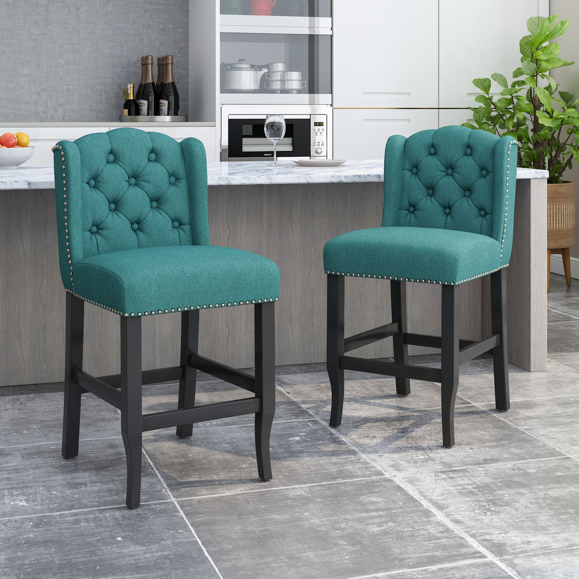 Vienna Contemporary Fabric Tufted Wingback 27 Inch Counter Stools, Set Of 2, Teal And Dark Brown Teal Fabric