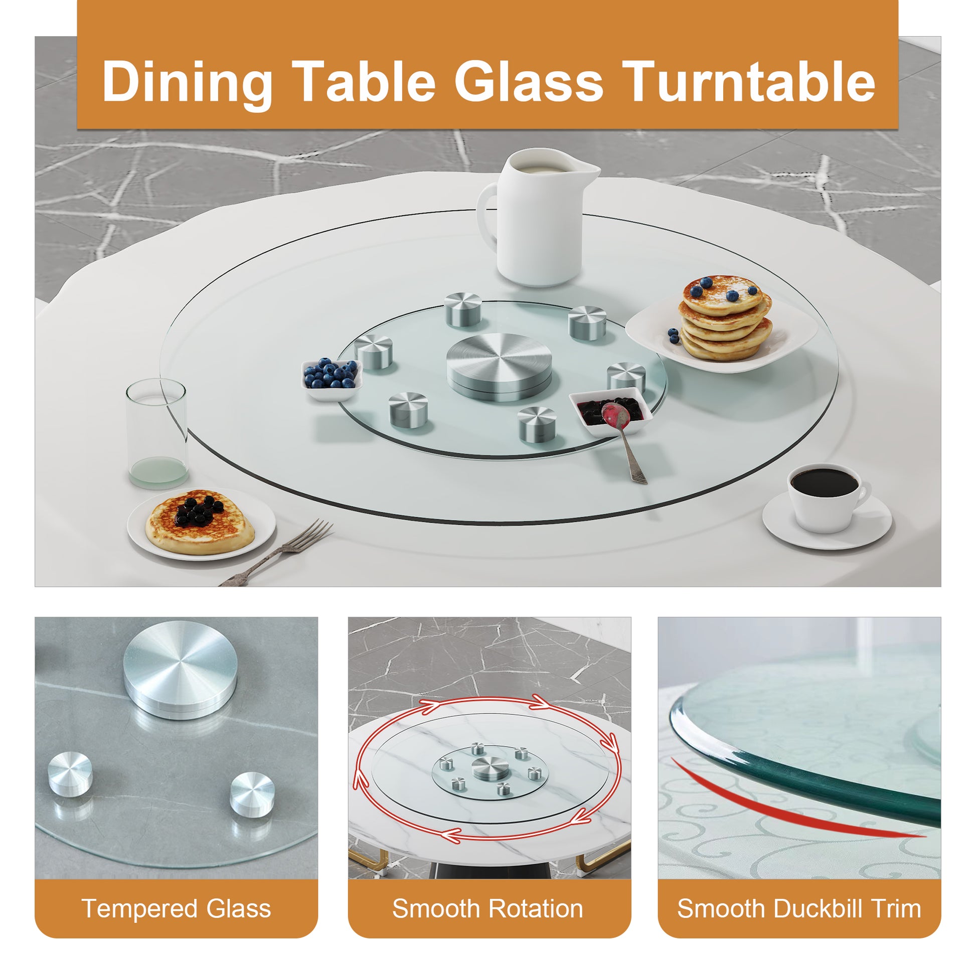 Double Layer Rotatable Round Glass.The Rotatable Design Makes It More Convenient To Retrieve And Place Items.The Upper Glass Has A Diameter Of 30.3 Inches, While The Lower Glass15 Inches. Transparent Glass