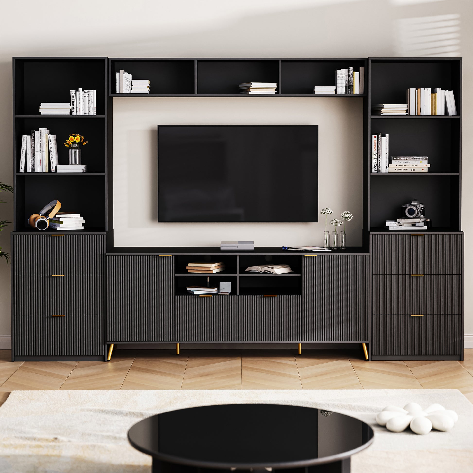 4 Piece Entertainment Wall Unit With 13 Shelves,8 Drawers And 2 Cabinets, Multifunctional Tv Stand Media Storage Cabinet With Fluted Line Surface For Living Room, For Tvs Up To 70" Black 60 69 Inches Mdf