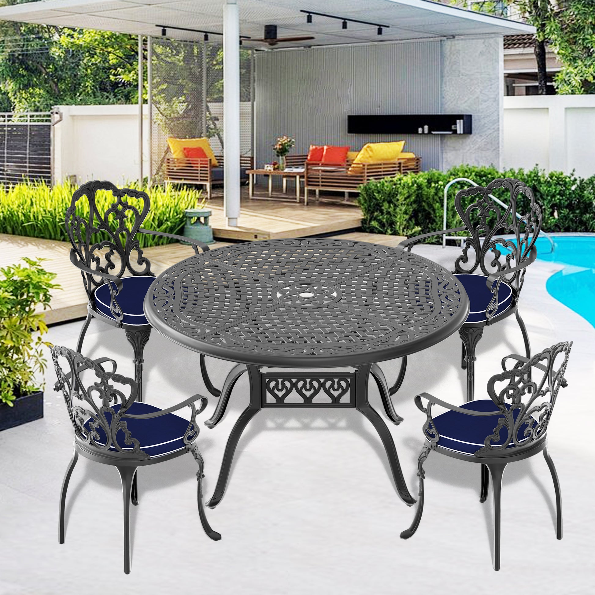 Cushions In Random Colors 5 Piece Set Of Cast Aluminum Patio Furniture With Cushions Yes Dining Set Black Seats 4 Rust Resistant Frame Water Resistant Cushion Garden & Outdoor Complete Patio Sets Aluminium