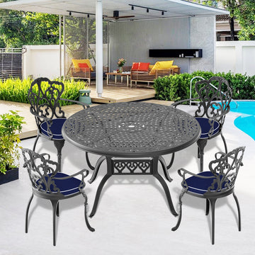 Cushions In Random Colors 5 Piece Set Of Cast Aluminum Patio Furniture With Cushions Yes Dining Set Black Seats 4 Rust Resistant Frame Water Resistant Cushion Garden & Outdoor Complete Patio Sets Aluminium
