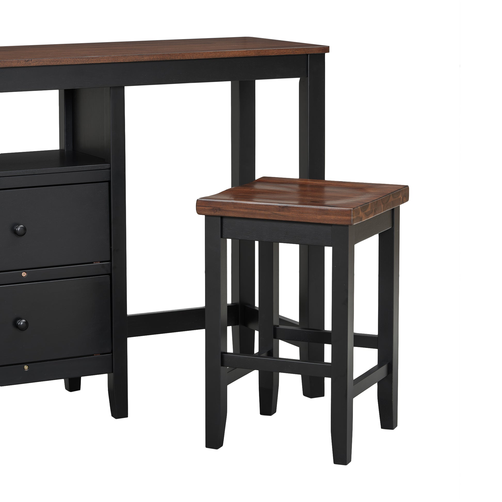 Farmhouse Rustic 3 Piece Counter Height Wood Dining Table Set With Cabinet,2 Storage Drawers And 2 Stools For Small Places,Black Cherry Wood Wood Cherry Seats 2 Wood Dining Room Farmhouse Rubberwood Rectangular Foam Solid Wood