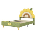 Twin Size Upholstered Platform Bed With Sunflower Shaped Headboard, Green Box Spring Not Required Twin Green Wood Bedroom Bed Frame Faux Leather Upholstered