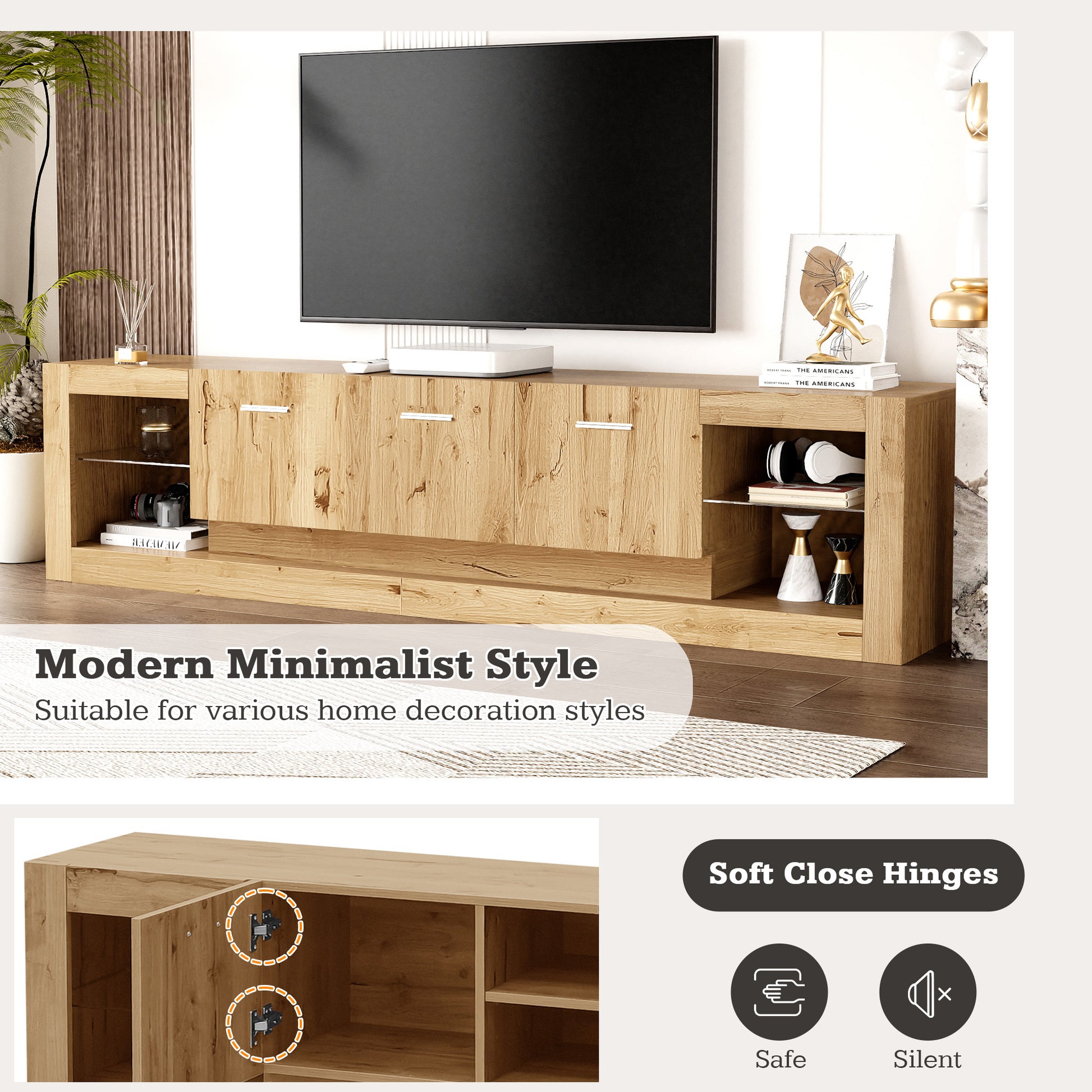 78'' Modern Tv Stand With 6 Cabinets& 2 Open Compartments, Entertainment Center For Tvs Up To 90'', Television Console For Living Room, Bedroom, Home Theatre Natural Wood Brown Primary Living Space 80 89 Inches 80 89 Inches 80 Inches Particle Board