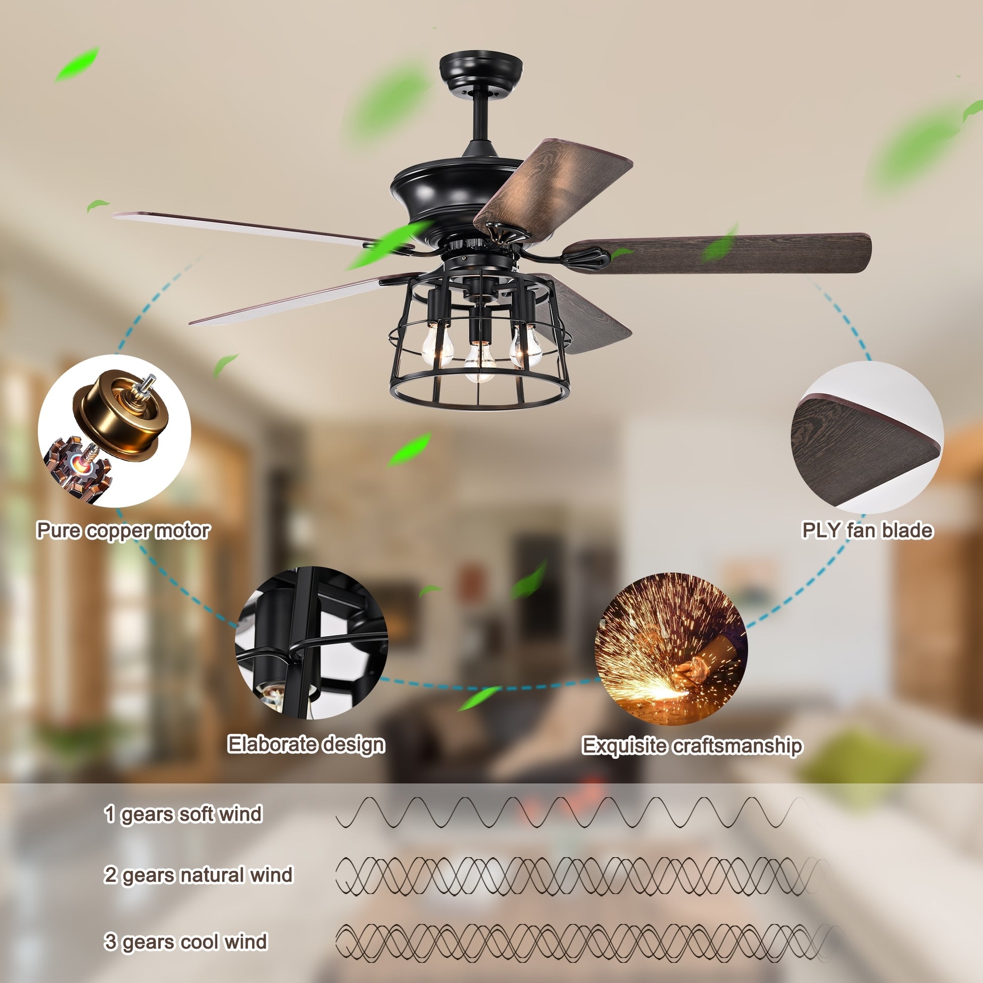 52'' Farmhouse Ceiling Fan With Lights, 52 Inch Industrial Cage Ceiling Fan Light, Indoor Outdoor Ceiling Fan With Remote, Reversible Ac Motor For Farmhouse Patios Bedroom Garage 3&E26 Matte Blac Matte Black American Design,American