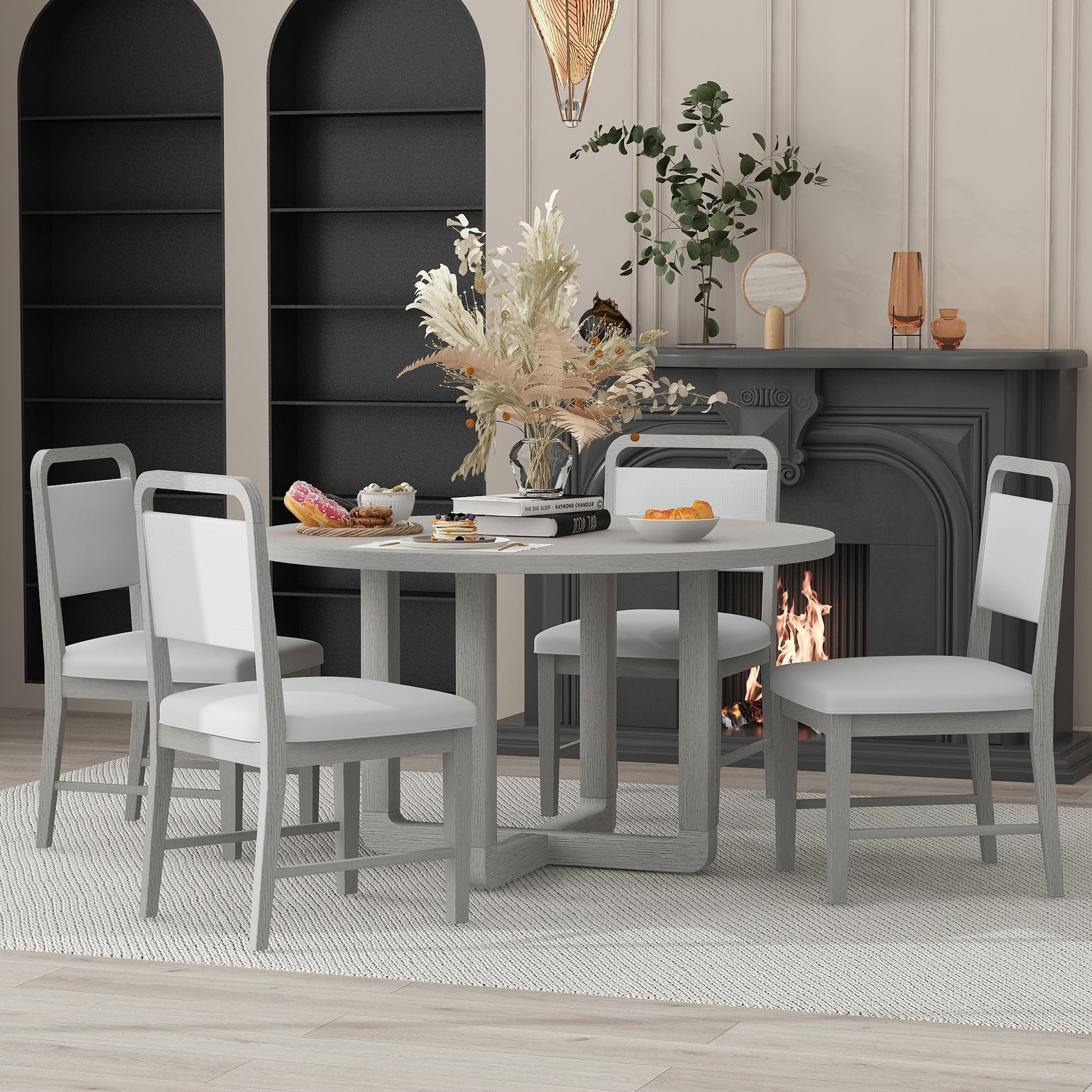 5 Piece Retro Dining Set, Round Table Top With Radial Wood Grain Design And 4 Upholstered Chairs For Dining Room And Kitchen Antique Gray Antique Gray Solid Wood Mdf