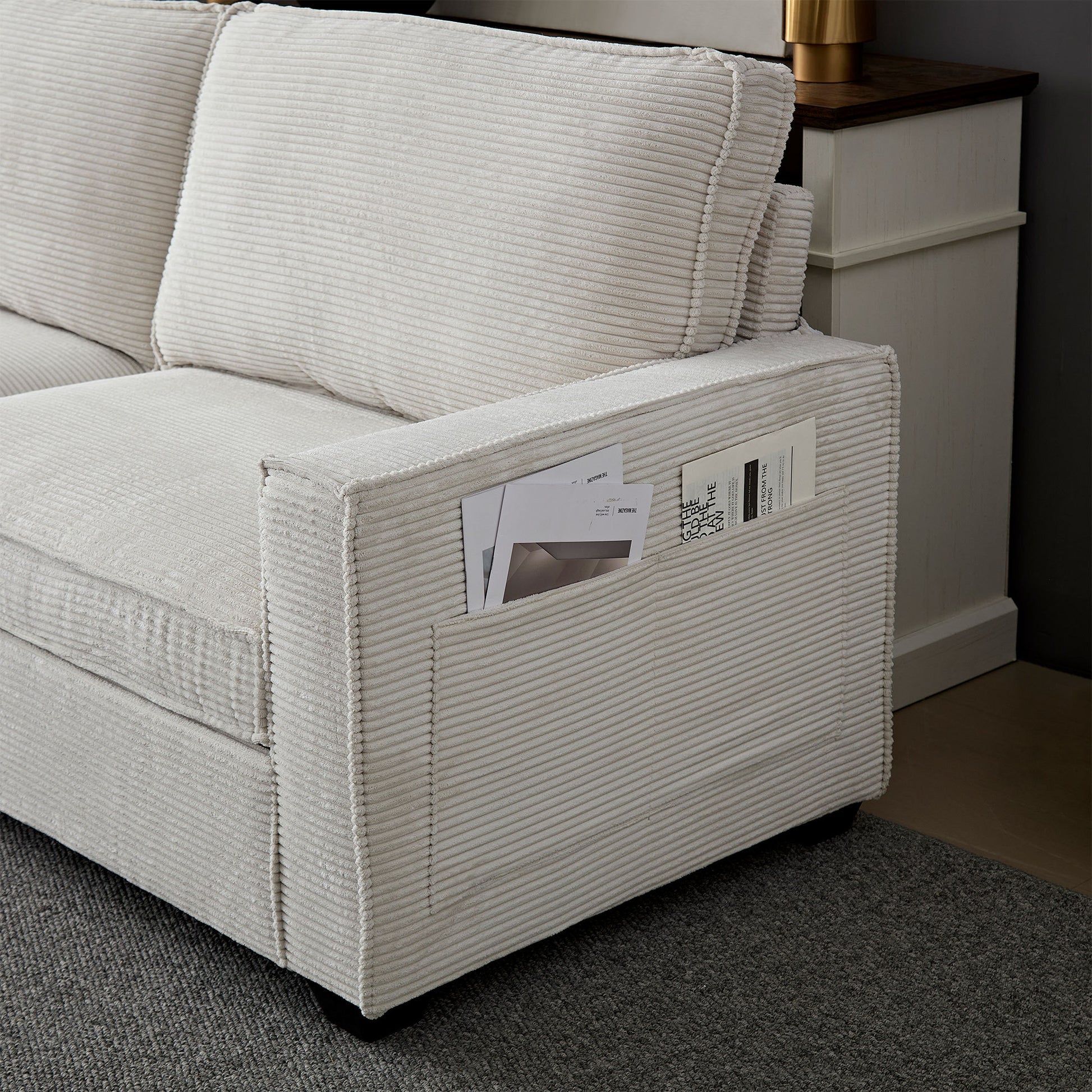 Corduroy Sofa, 87.4 Inch Modern Design Sofa With Cup Holder And Storage Bags, Deep Seat Sofa Couch,Comfy Couch For Living Room,Apartment,Beige Beige Corduroy 3 Seat