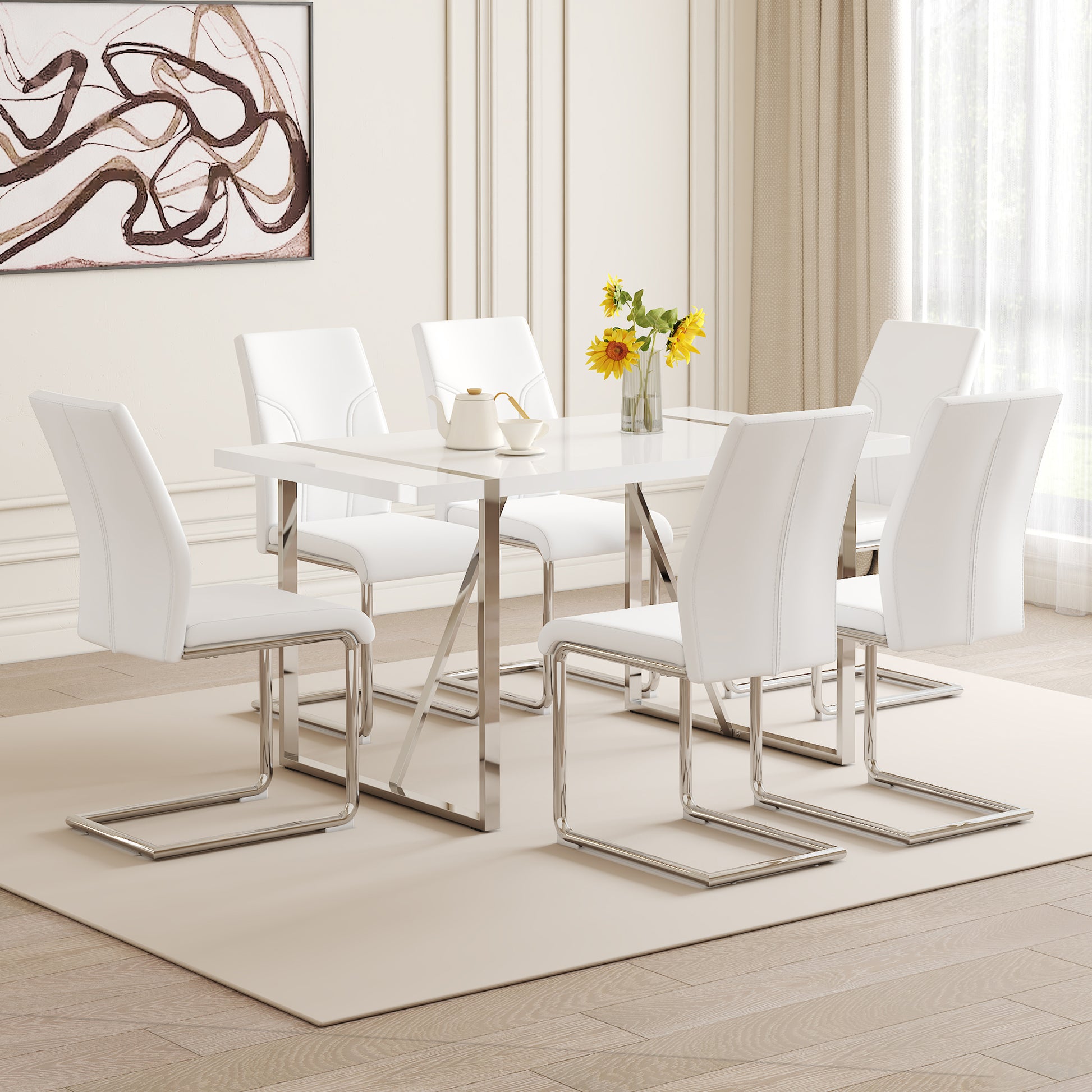 Table And Chair Set.55"X31.5" Mdf Painting Dining Table Set With 6 Pu Chairs.Showcasing A Modern And Stylish Look.Suitable For Dining Room.Mdf Painting,Iron Pipe Plating,Pu Chiairs,White. White