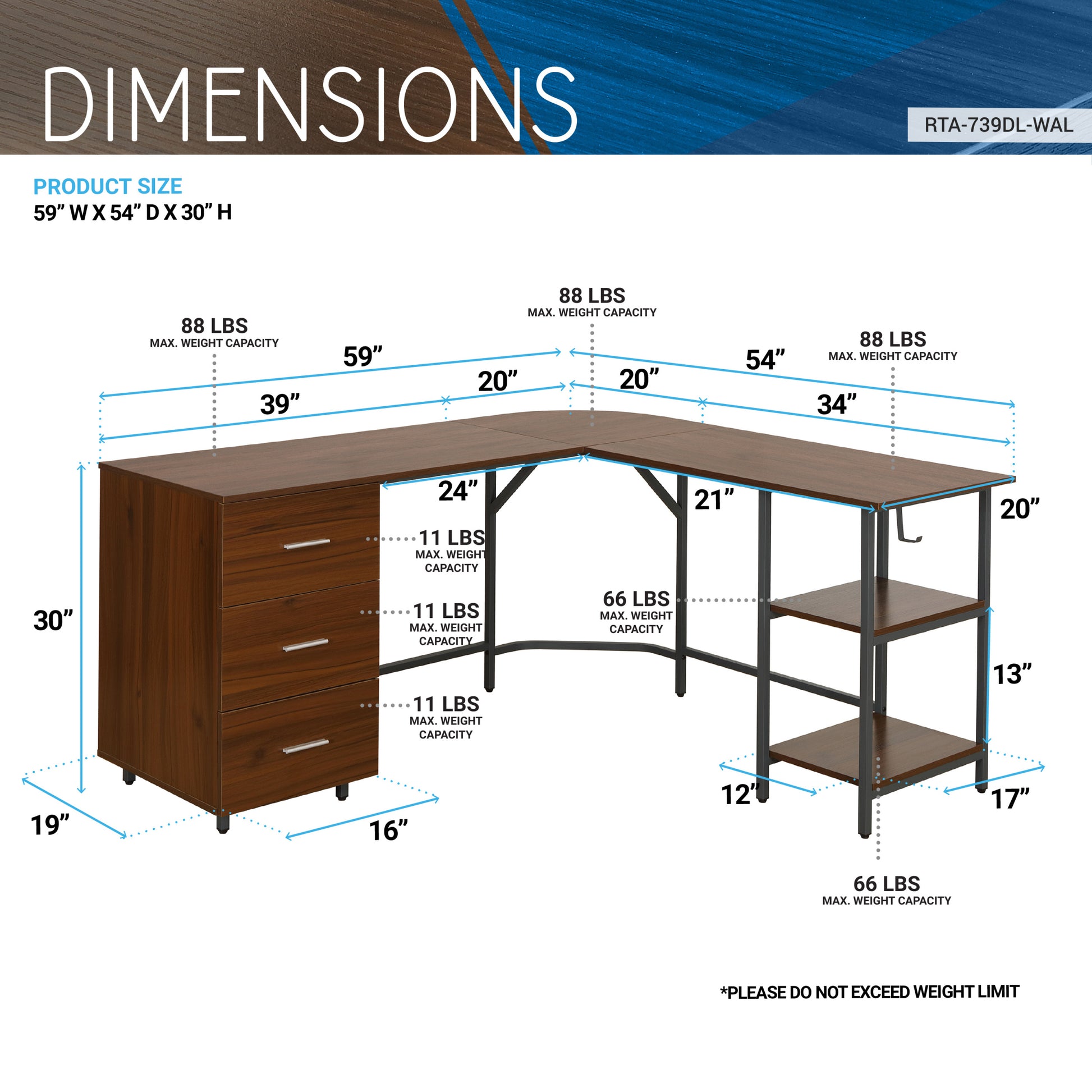 Techni Mobili L Shape Home Office Two Tone Desk With Storage, Walnut Walnut Computer Desk Office Modern L Shape Computer Tables Rectangular Engineered Wood