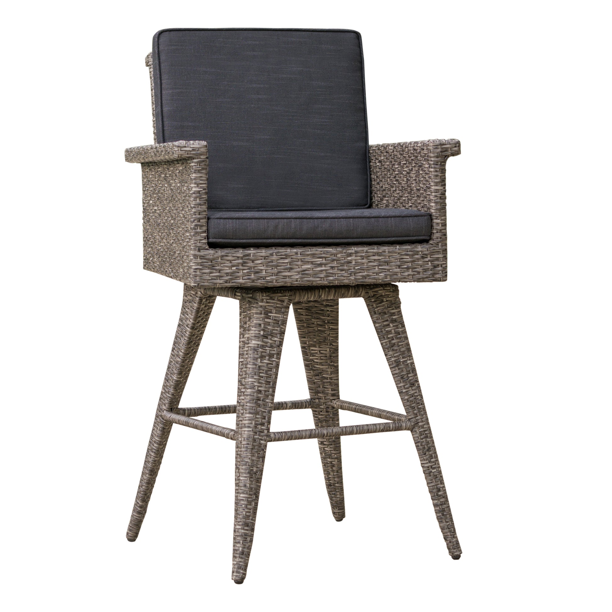 30" Outdoor Wicker Barstool With Water Resistant Cushions 1Pc Black Gray Pe Rattan Iron Waterproof Fabric