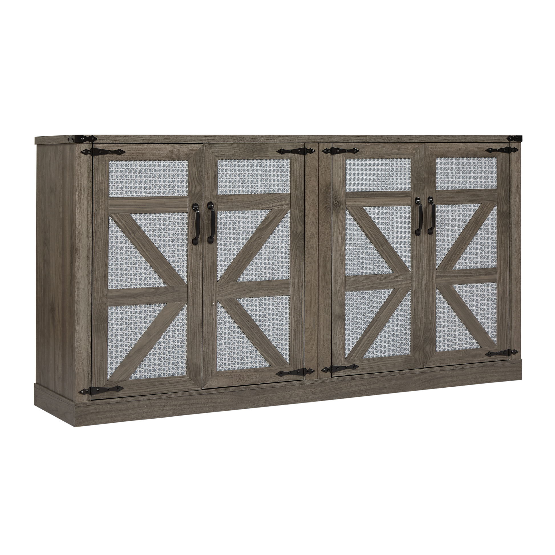 65 Inch Slate Gray Faux Rattan Sideboard With Barn Doors Rustic Sideboard, 4 Door Storage For Living Room, Entryway, Bedroom, Dining Room Stone Gray Particle Board Mdf