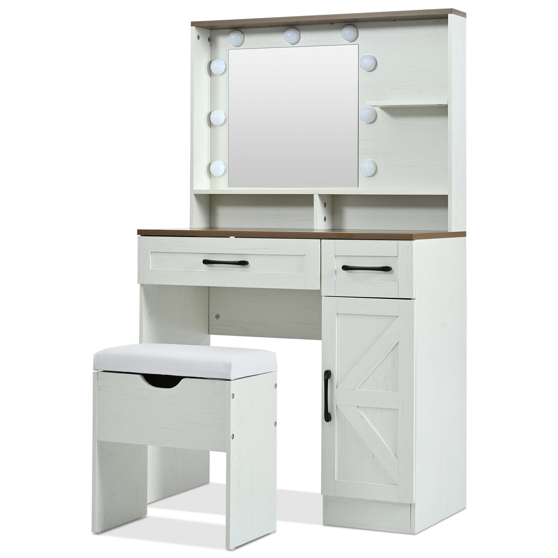 Farmhouse Makeup Vanity Desk With Mirror And Lights, 3 Lighting Modes, Vanity Set With Stool, Dressing Table With Adjustable Shelves,2 Drawers And Side Cabinet For Bedroom, White Brown White Bedroom