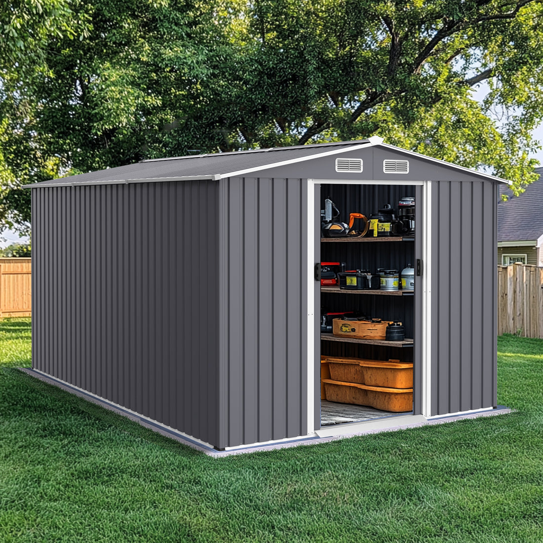 Outdoor Storage Shed 8 X 12 Ft Large Metal Tool Sheds, Heavy Duty Storage House With Sliding Doors With Air Vent For Backyard Patio Lawn To Store Bikes, Tools, Lawnmowers Grey Grey Rectangular No