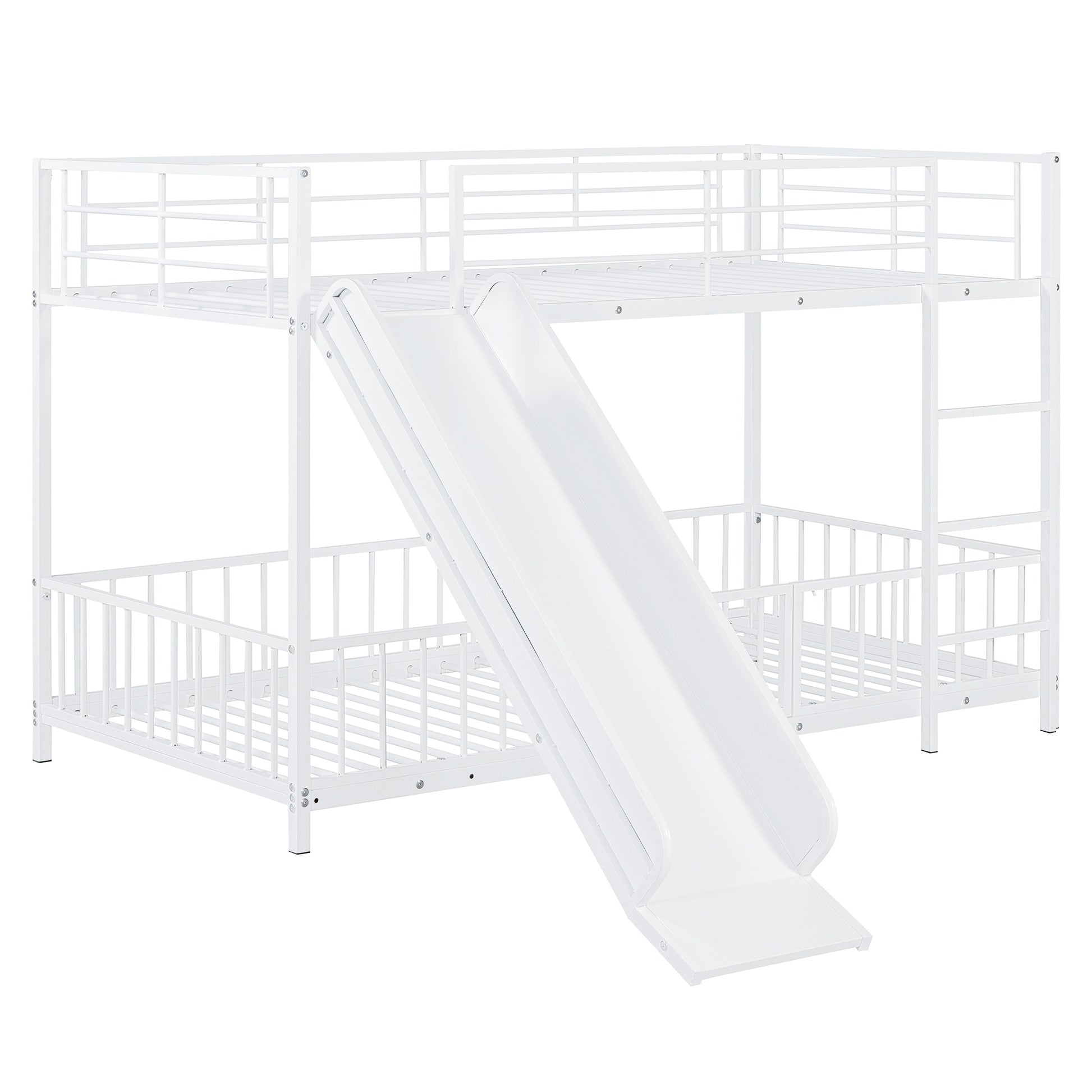 Twin Over Twin Size Metal Bunk Bed With Slide And Guardrails, White Twin White Metal