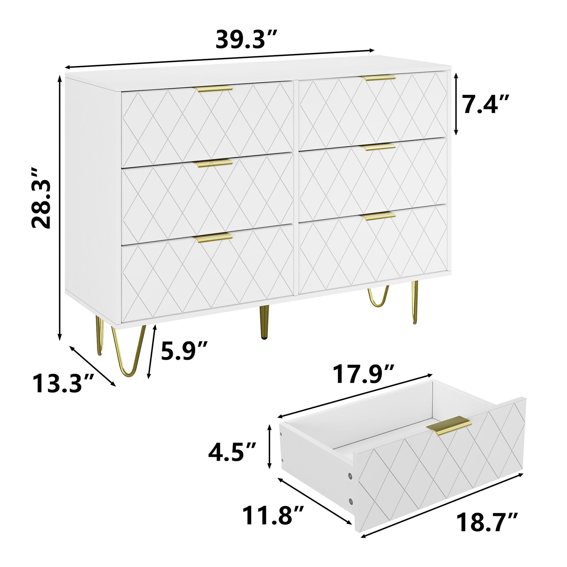 Modern White 6 Drawers For Bedroom, Small Size Wooden Drawers With Gold Handles, Chest Dresser With Deep Drawers For Living Room White Bedroom Mdf