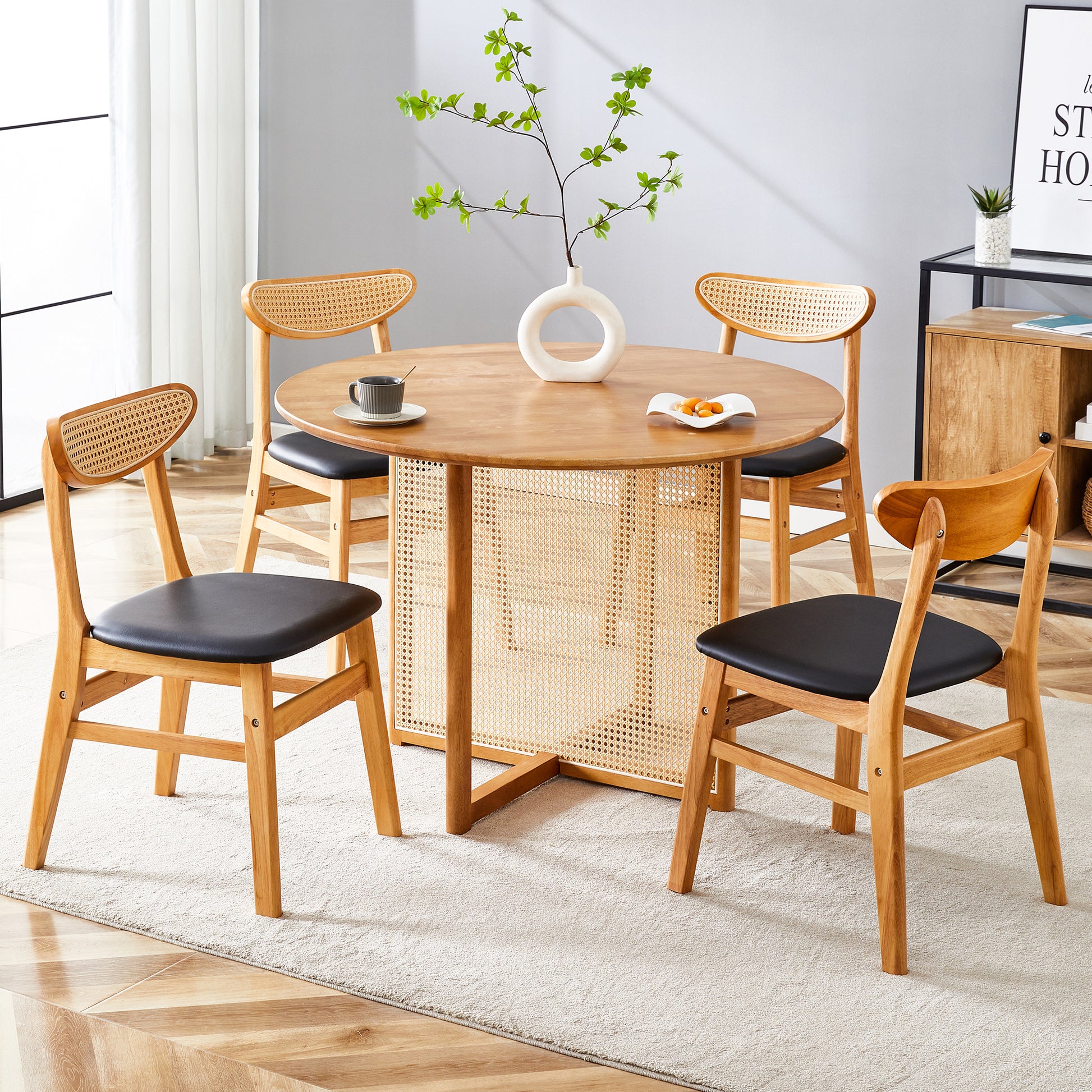 Table And Chair Set, Ancient Style Solid Wood Dining Table, Imitation Rattan Table Legs, Beautiful Simple Solid Wood Dining Chair, Perfect For Dinner, Meetings, Home And Office Decoration Wood Rubber Wood