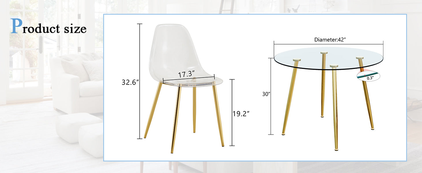 A Modern Minimalist Style Round Transparent Tempered Glass Table With Gold Metal Legs, Paired With 4 Modern Style Transparent Dining Chairs For A Luxurious Experience. Transparent Seats 4 Glass