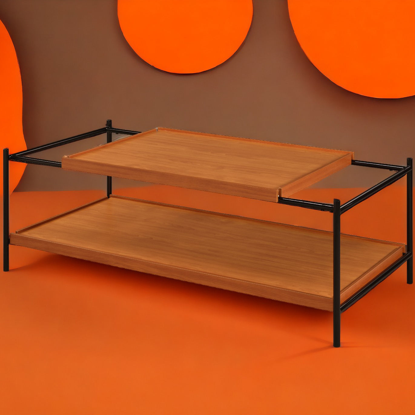 Honey Oak And Black 2 Shelf Coffee Table Honey Primary Living Space Oak Rectangular Wood Metal
