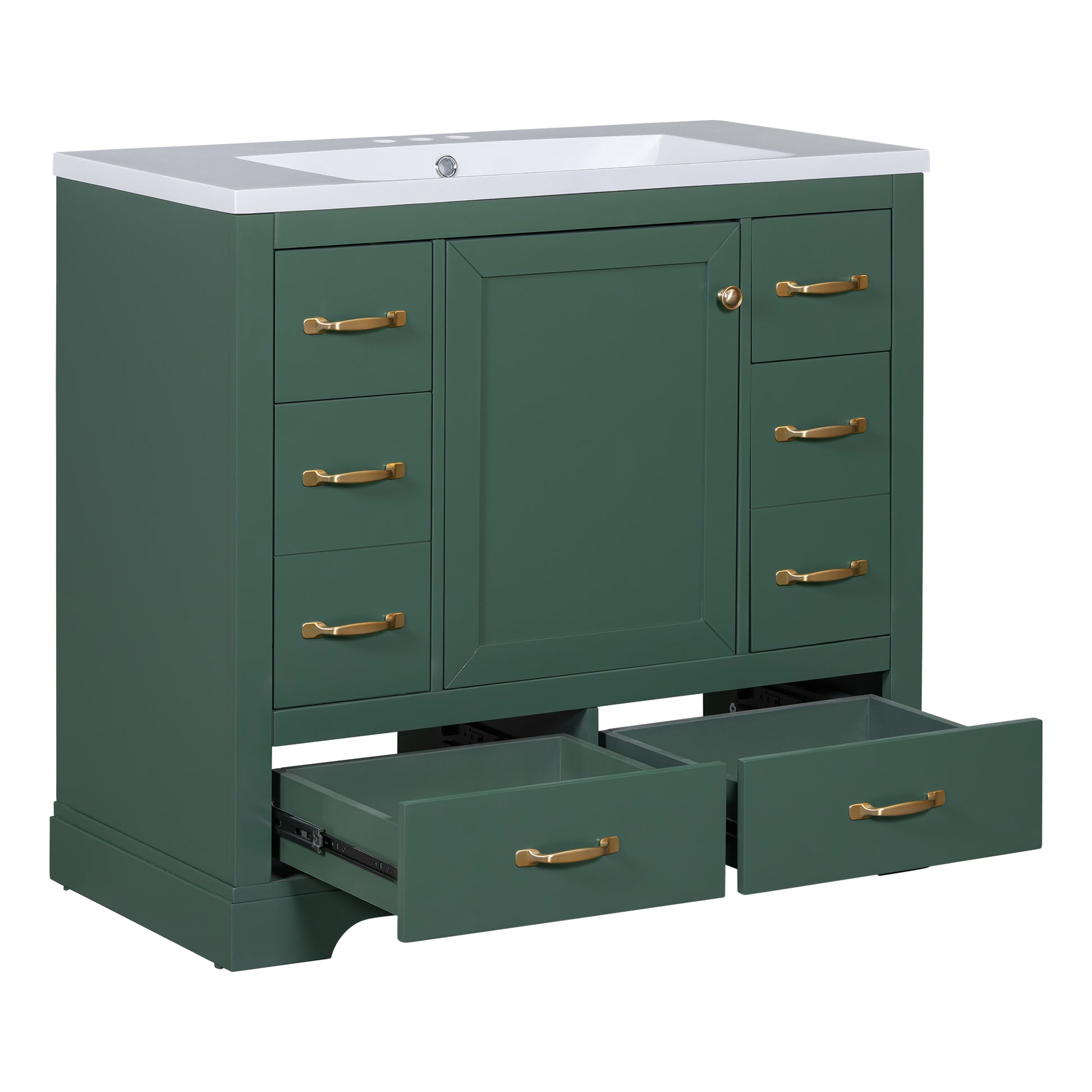 36" Bathroom Vanity With Sink Combo, Six Drawers, Multi Functional Drawer Divider, Adjustable Shelf, Green Green Solid Wood Mdf