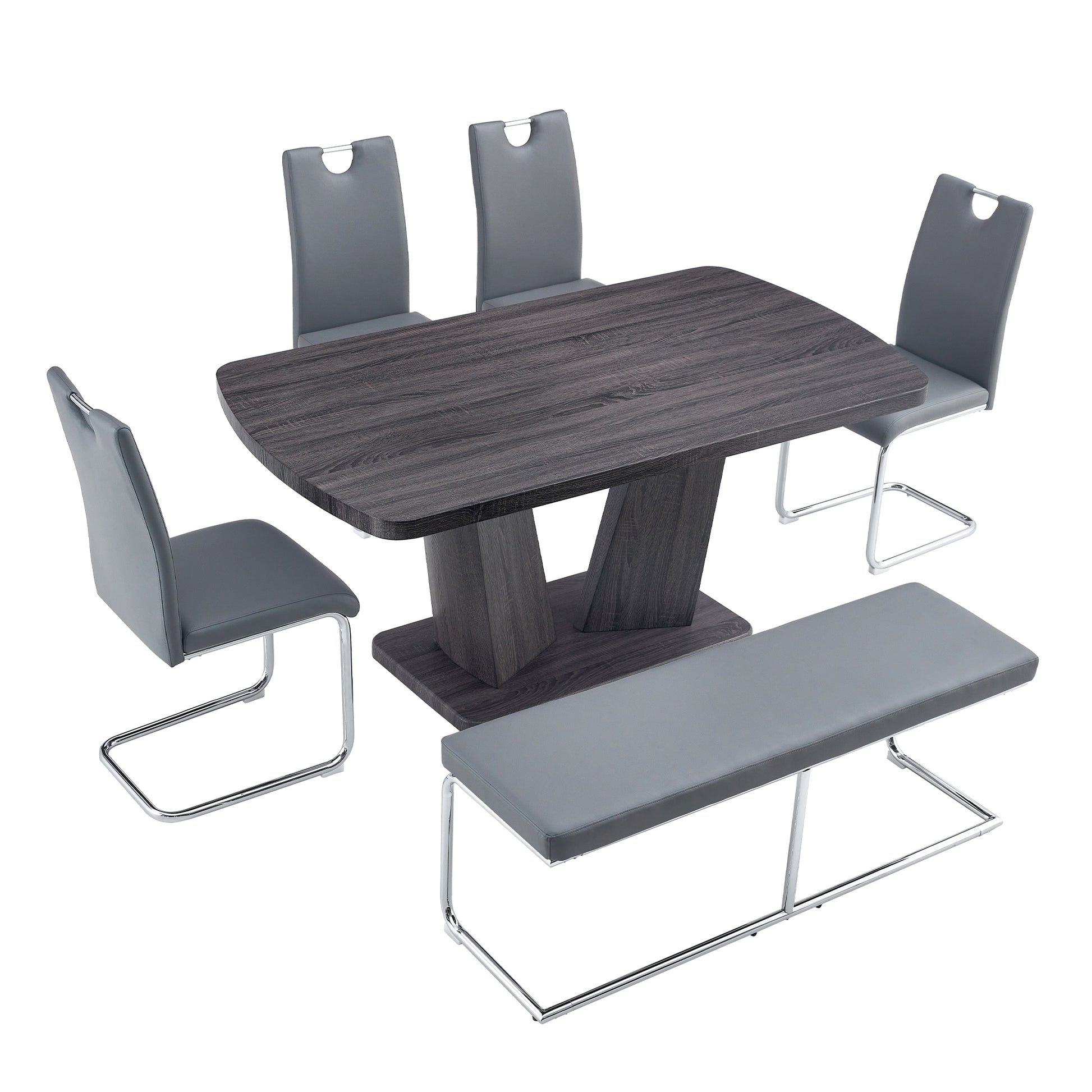 Dining Table Set For 6, 6 Piece Dining Table Set, Wood Veneer Tabletop And Modern Design Mdf Base With 4 Pu Leather Ergonomic Dining Chairs&1 Bench Metal Grey Modern Mdf Metal