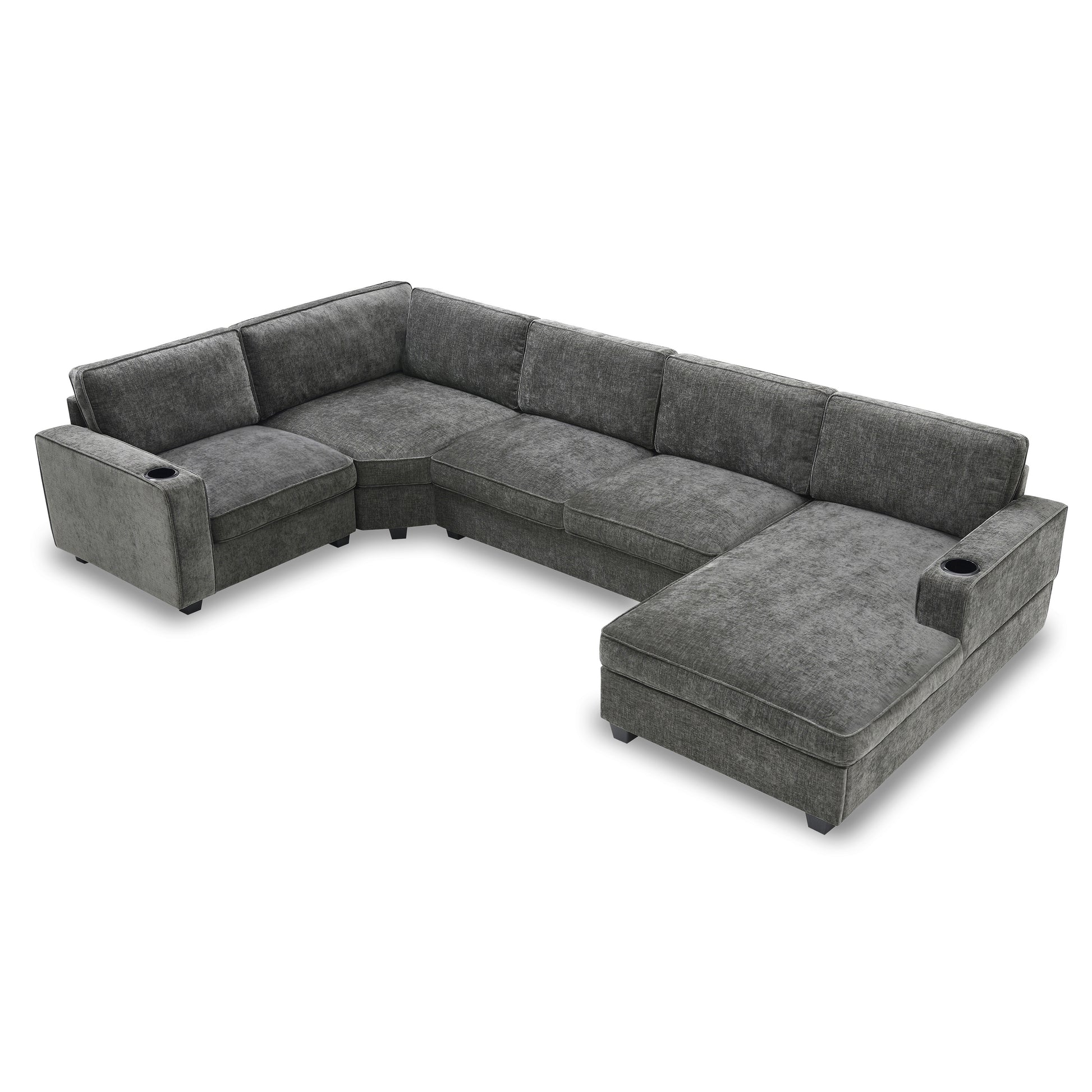 119*67" U Shaped Sectional Sofa,6 Seat Chenille Couch Set With Oversized Chaise Lounge,Irregular Corner,Deep Seat Comfy Sofa With Cup Holders For Living Room,Apartment,2 Colors Dark Gray Chenille 6