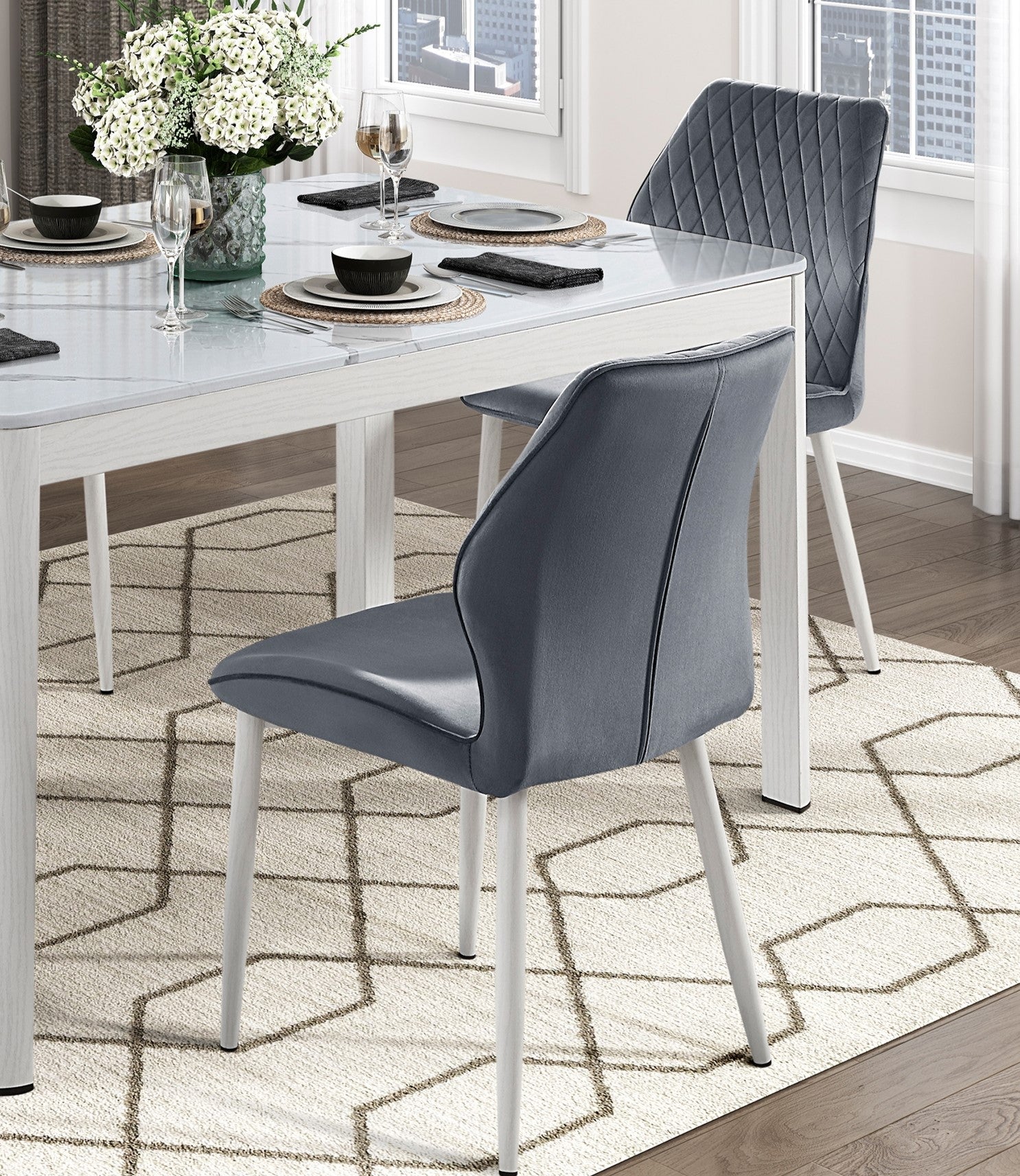Modern Dining Side Chairs Set Of 2, Dark Gray Velvet Upholstered White Metal Legs Furniture Dark Gray Dining Room Modern,Ultra Modern Side Chair Metal