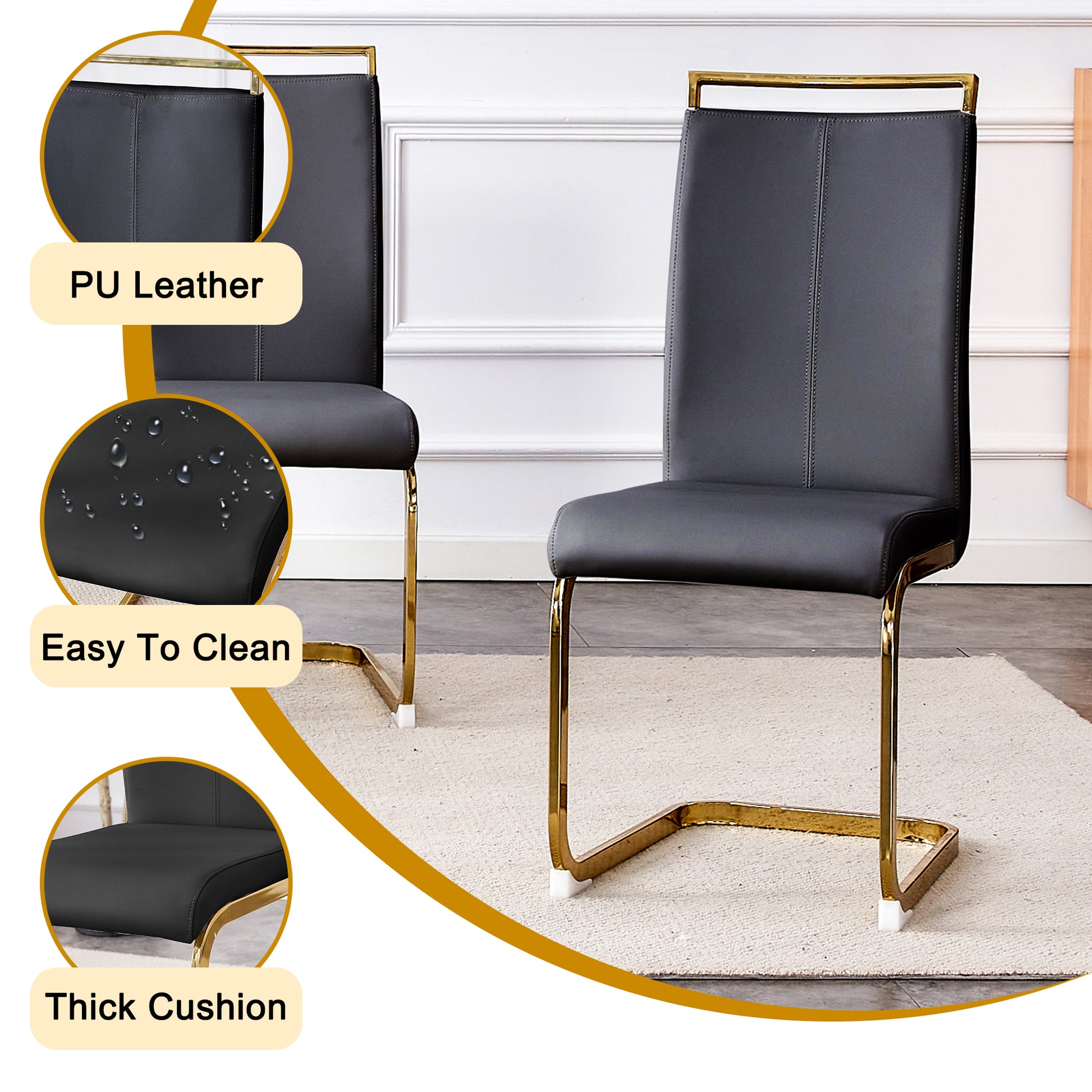 Table And Chair Set.Modern Rectangular Dining Table With Black Textured Stickers Glass Tabletop And Gold Plated Metal Legs.Paried With 4 Comfortable Chairs With Pu Seats And Golden Metal Legs. Black Gold Seats 4 Glass Metal
