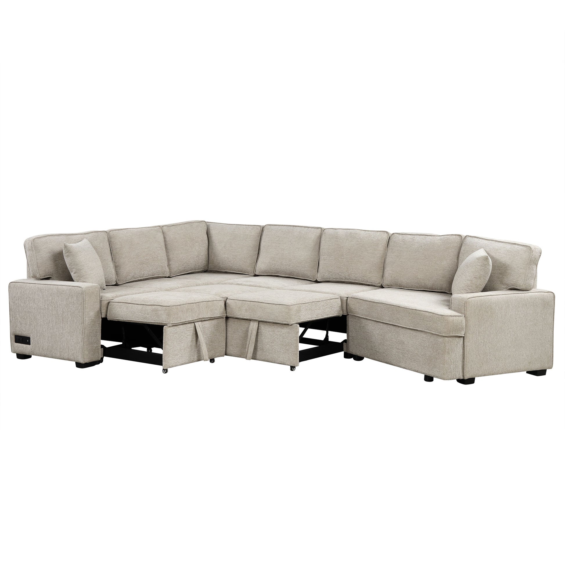 126" L Shaped Sofa Sectional Sofa Couch Pull Out Sofa Bed With Charging Devices And Cup Holders For Living Room, Beige Beige Foam Chenille 6 Seat