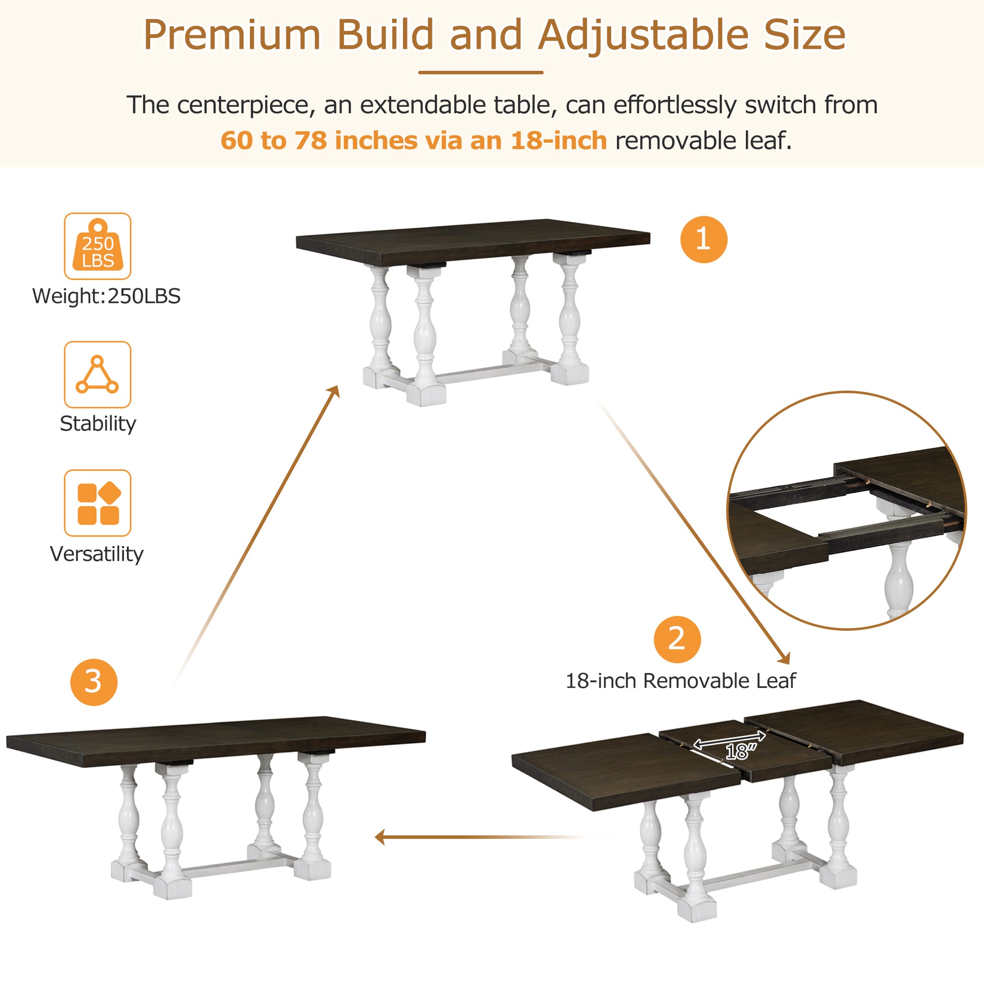 Traditional 6 Piece 78Inch Trestle Extendable Dining Table Set With One 18Inch Removable Leaf, Padded Dining Chairs And Bench,Distressed White Brown Wood Dining Room Solid Wood Rubberwood Rectangular Dining Table With Chair And Bench Upholstered Chair