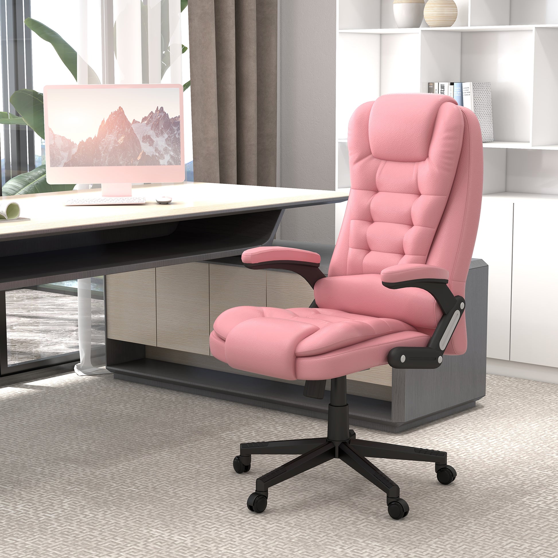 Homcom High Back Vibration Massage Office Chair With 6 Vibration Points, Heated Reclining Pu Leather Computer Chair With Armrest And Remote, Pink Pink Pu