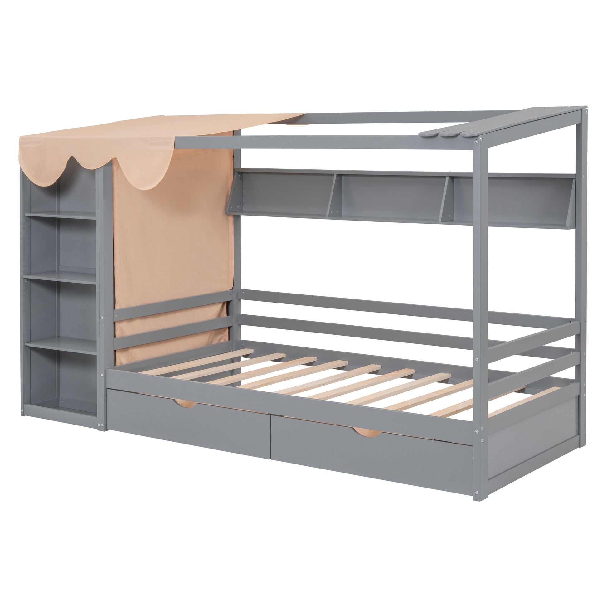 Twin Size House Bed With Two Drawers And Wardrobe,Gray Twin Gray Solid Wood