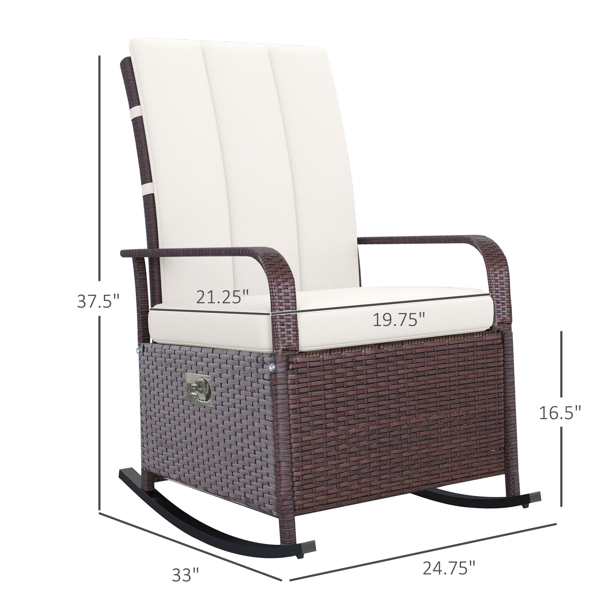 Outsunny Wicker Outdoor Rocking Chair, Patio Recliner With Adjustment Backrest, Pe Rattan Lounge Chair With Adjustable Footrest And Cushions For Garden, Backyard, Porch, Beige Brown Steel