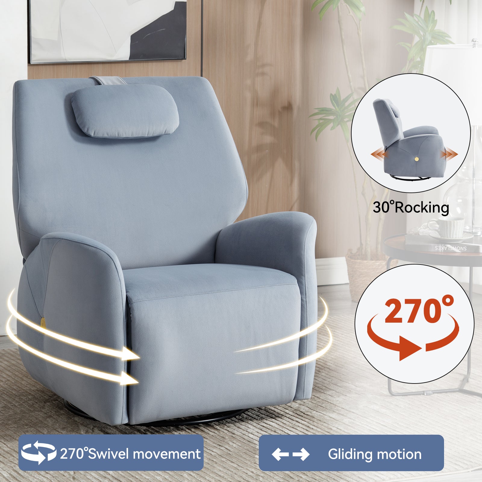 Blue Swivel And Rocker Power Recliner Chair With Lumbar And Neck Support Pillow, Max Swivel Degree 270 , Heavy Duty Motion Mechanism With Usb And Type C Ports Blue Polyester Power Push Button Metal Primary Living Space Medium Firm Tight Back Heavy Duty