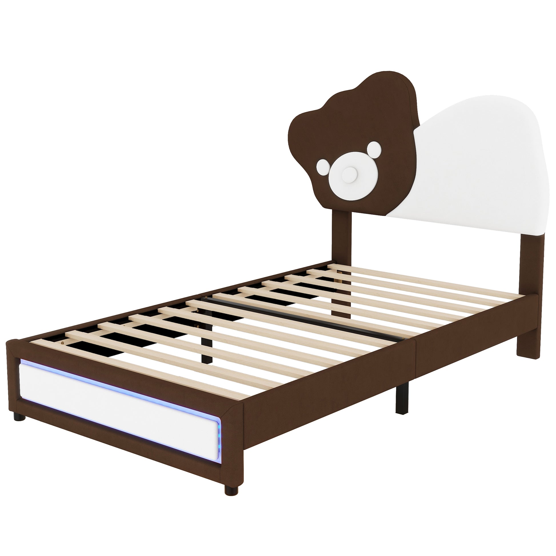 Full Size Upholstered Platform Bed With Bear Shaped Headboard, Led Light Strips, White Brown Box Spring Not Required Full Brown White Wood Bedroom Bed Frame Upholstered